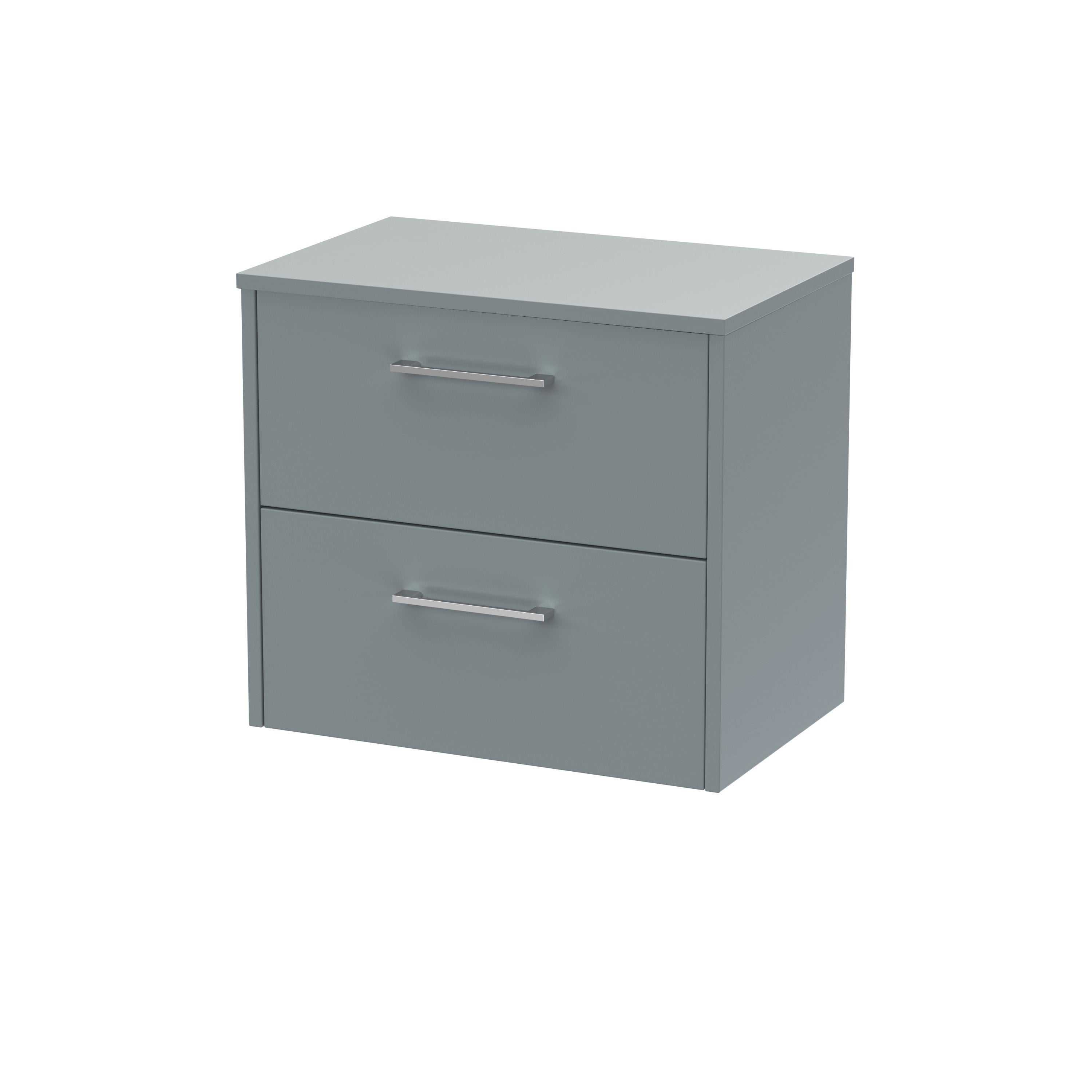 Sleek grey bathroom vanity unit with two drawers and modern chrome handles, offering stylish storage solutions for contemporary bathrooms.
