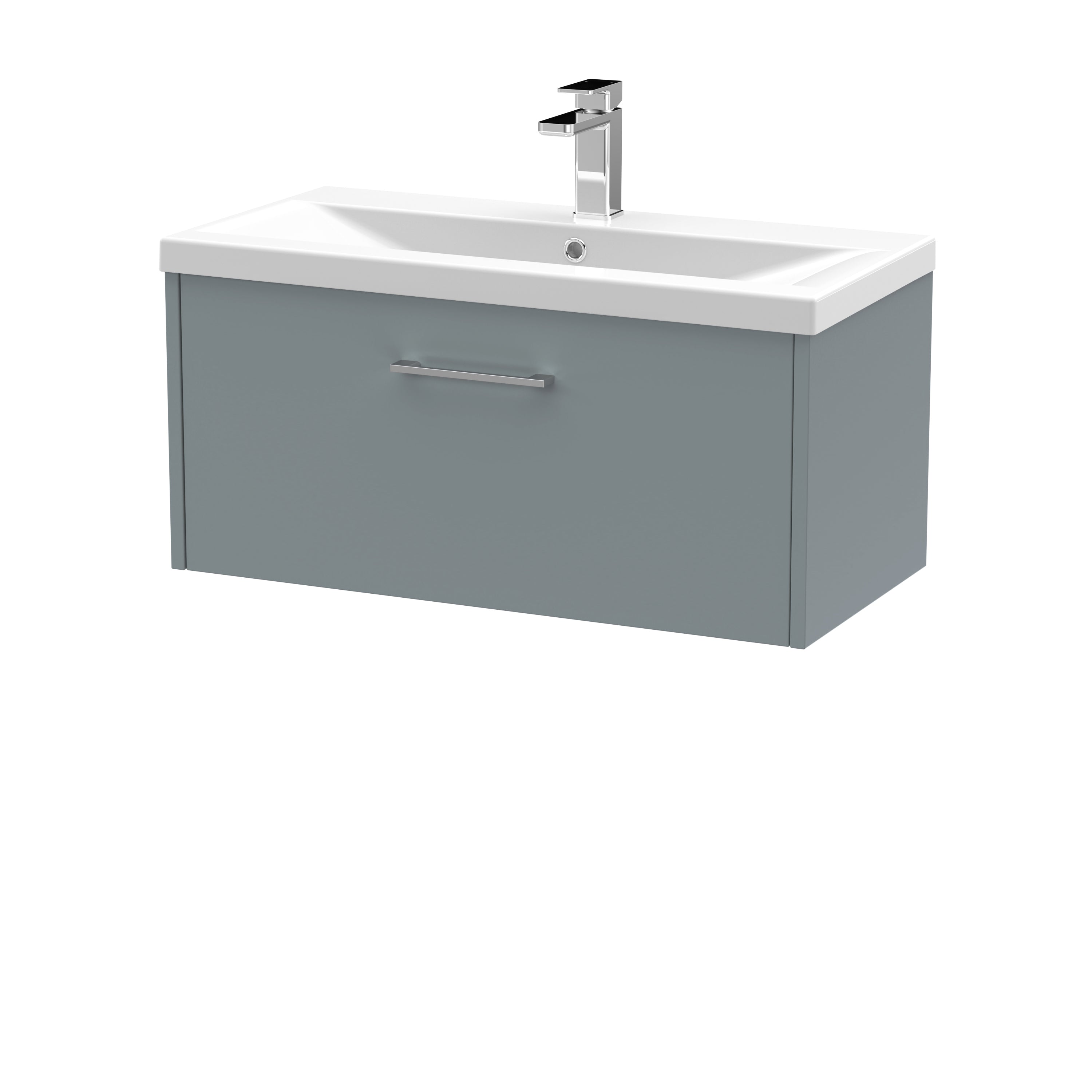 Sleek modern bathroom vanity with integrated sink and chrome faucet, featuring a minimalist grey cabinet with a handle for stylish storage solutions.