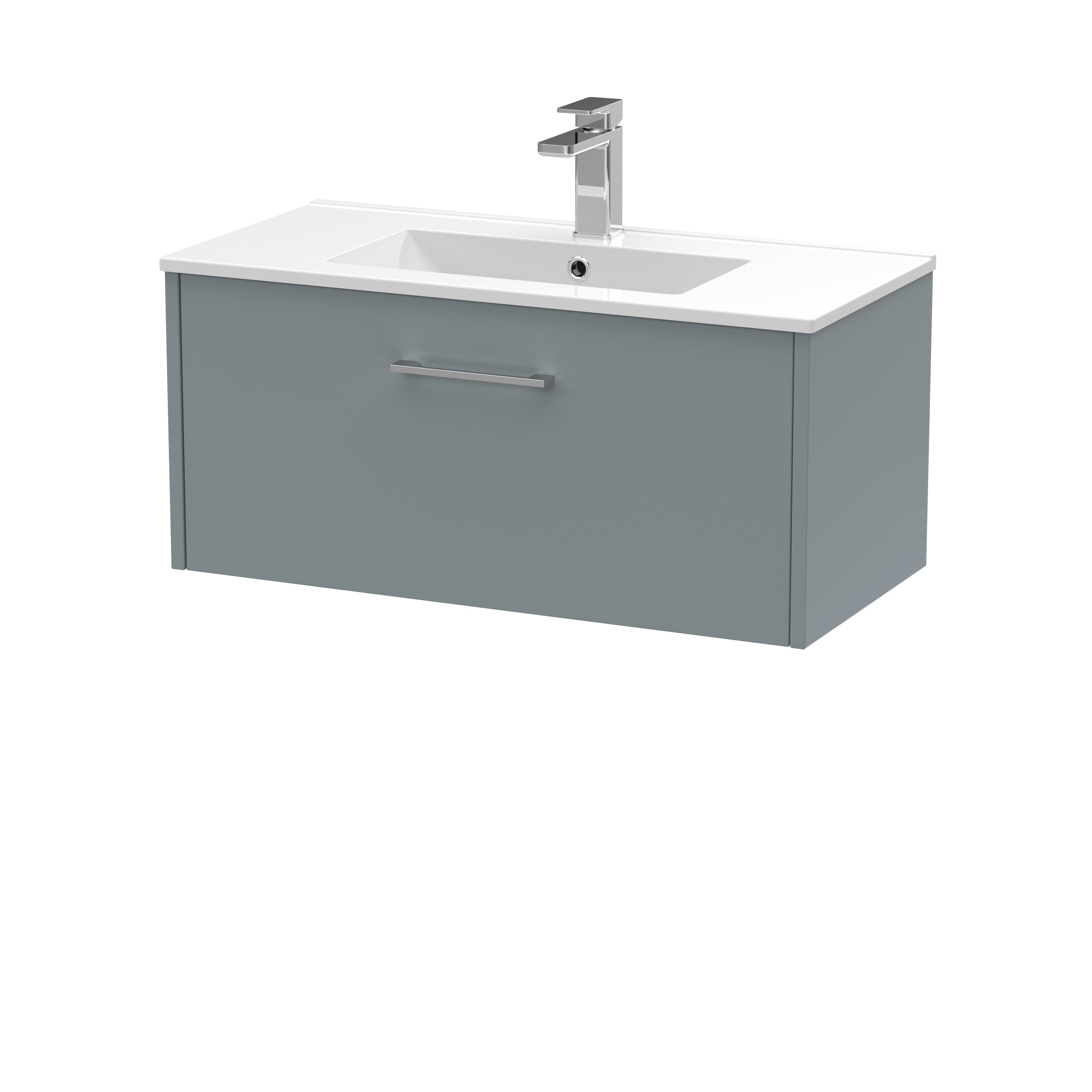 Modern grey bathroom vanity with integrated sink and chrome faucet, ideal for contemporary bathroom designs focused on style and functionality.