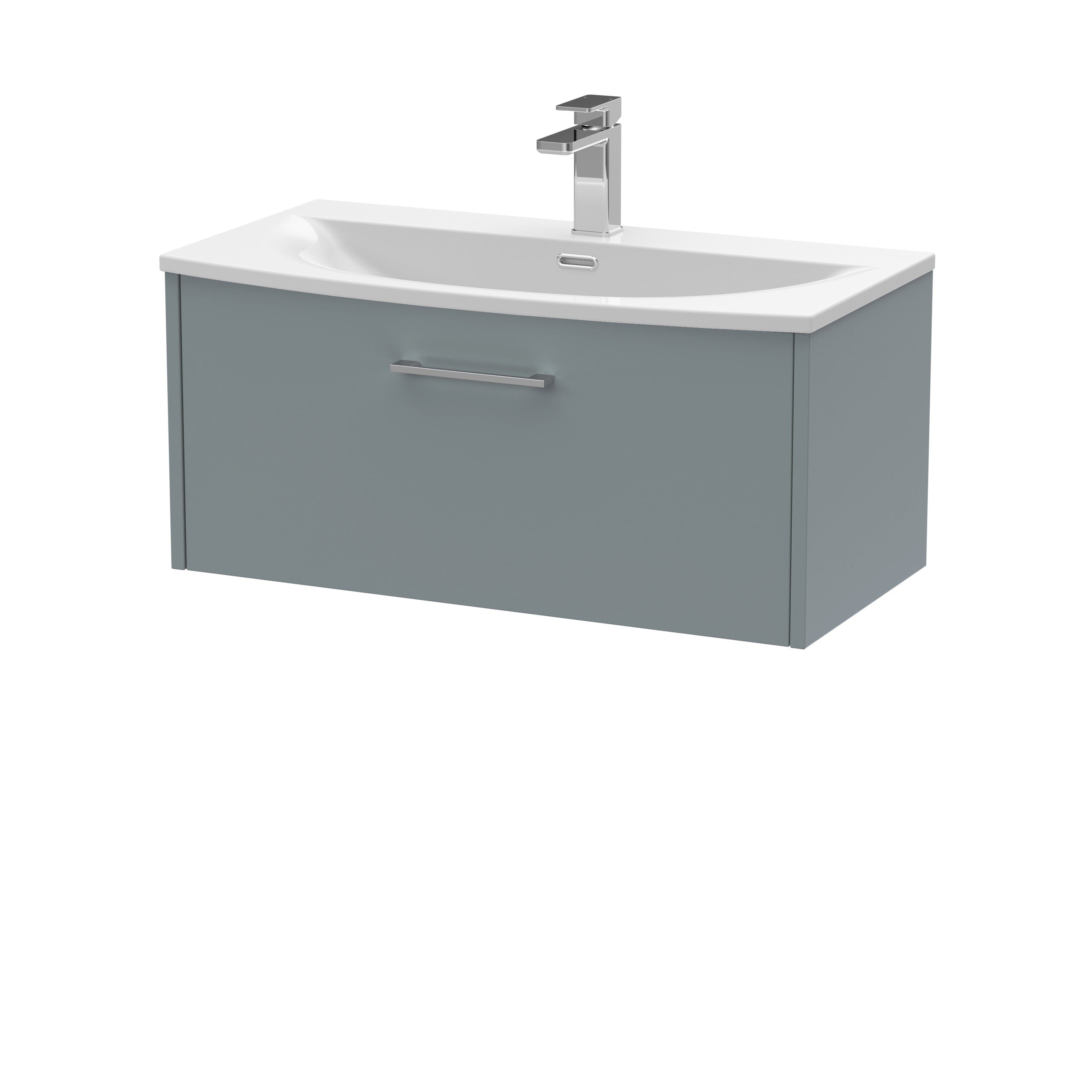 Sleek modern bathroom vanity with integrated sink and chrome tap, grey finish, wall-mounted design, suitable for contemporary bathroom interiors.