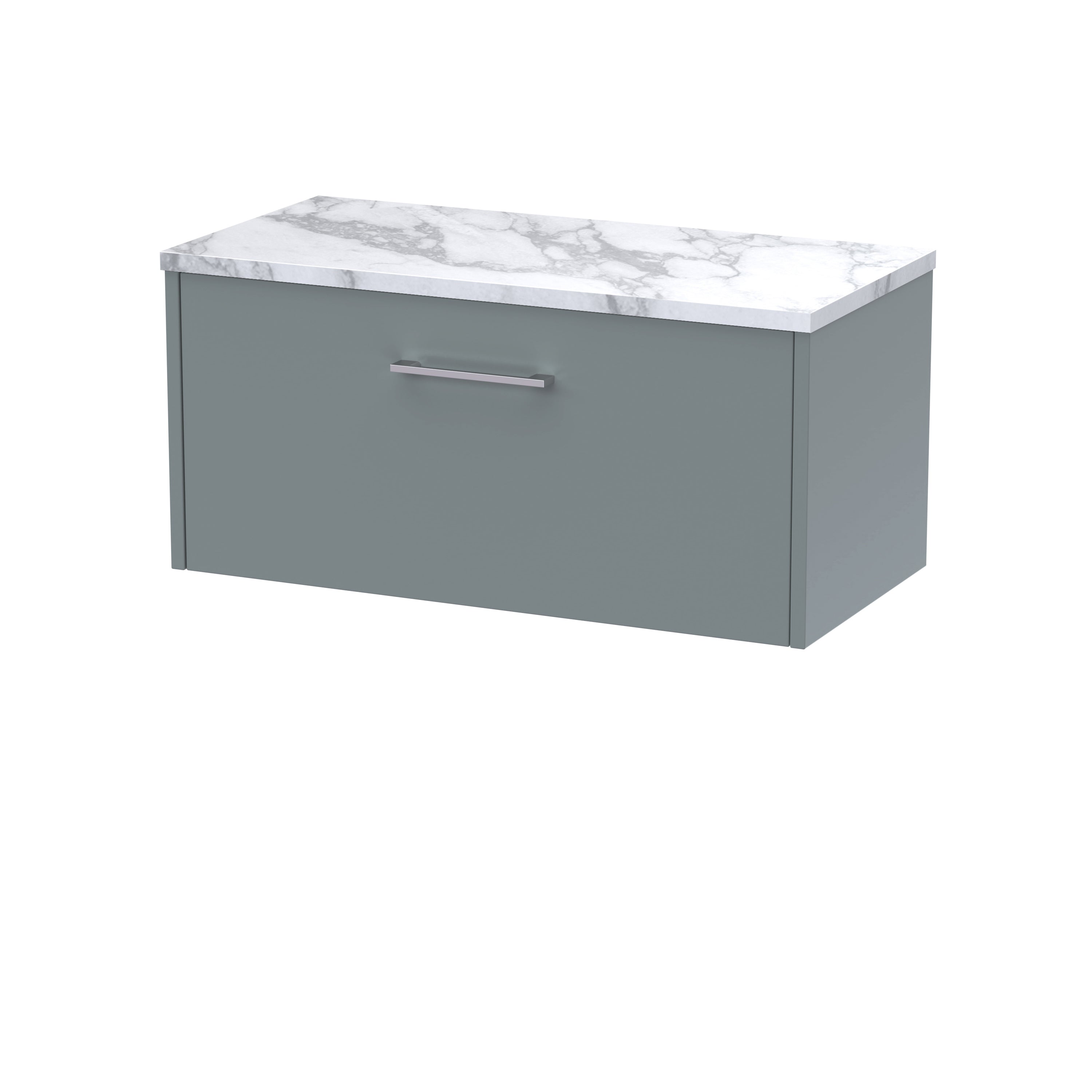 Sleek modern bathroom cabinet with a grey finish and marble-effect countertop, ideal for contemporary bathroom storage solutions.