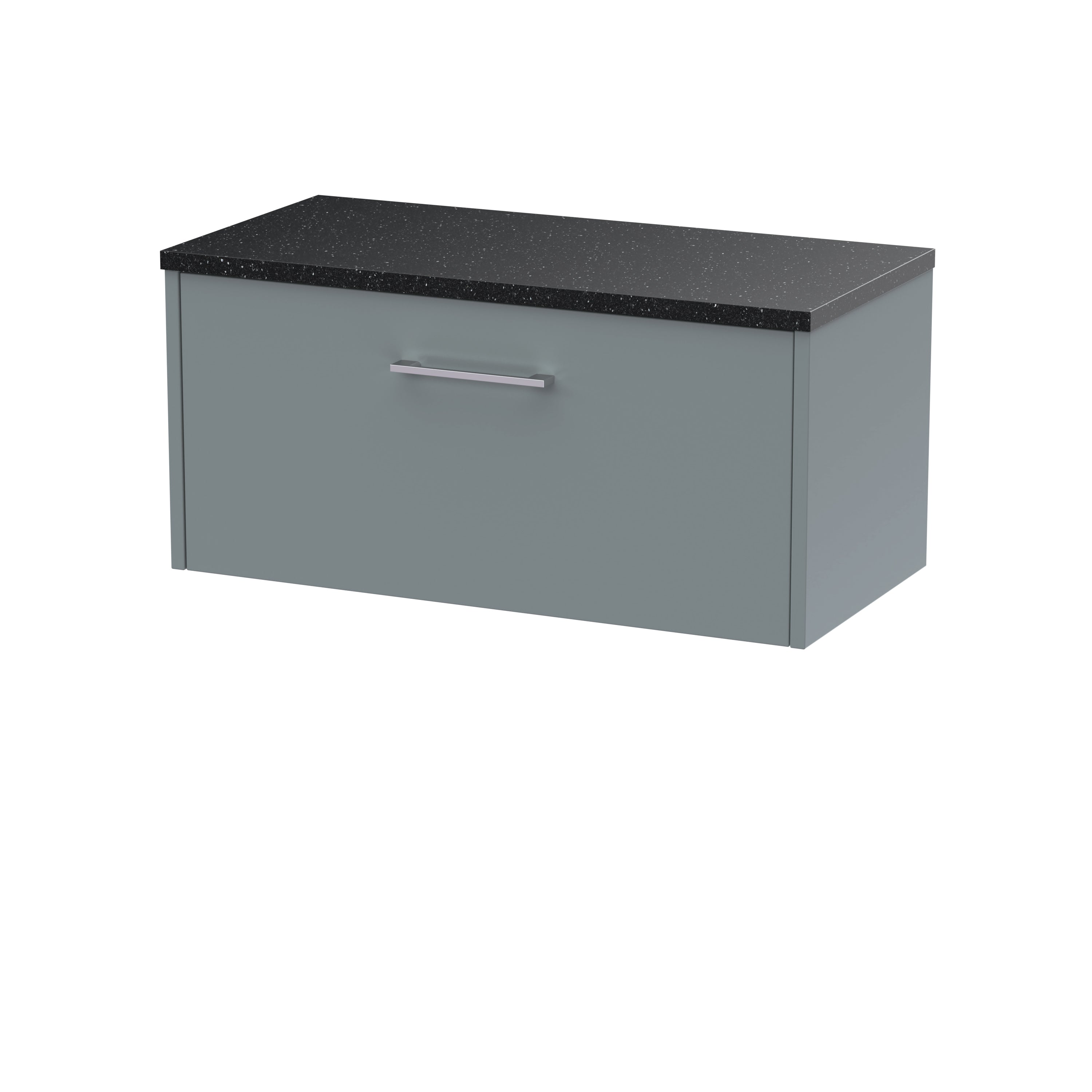 Stylish grey bathroom cabinet with black granite countertop, modern design, and sleek handle, ideal for contemporary bathroom storage and organisation solutions.