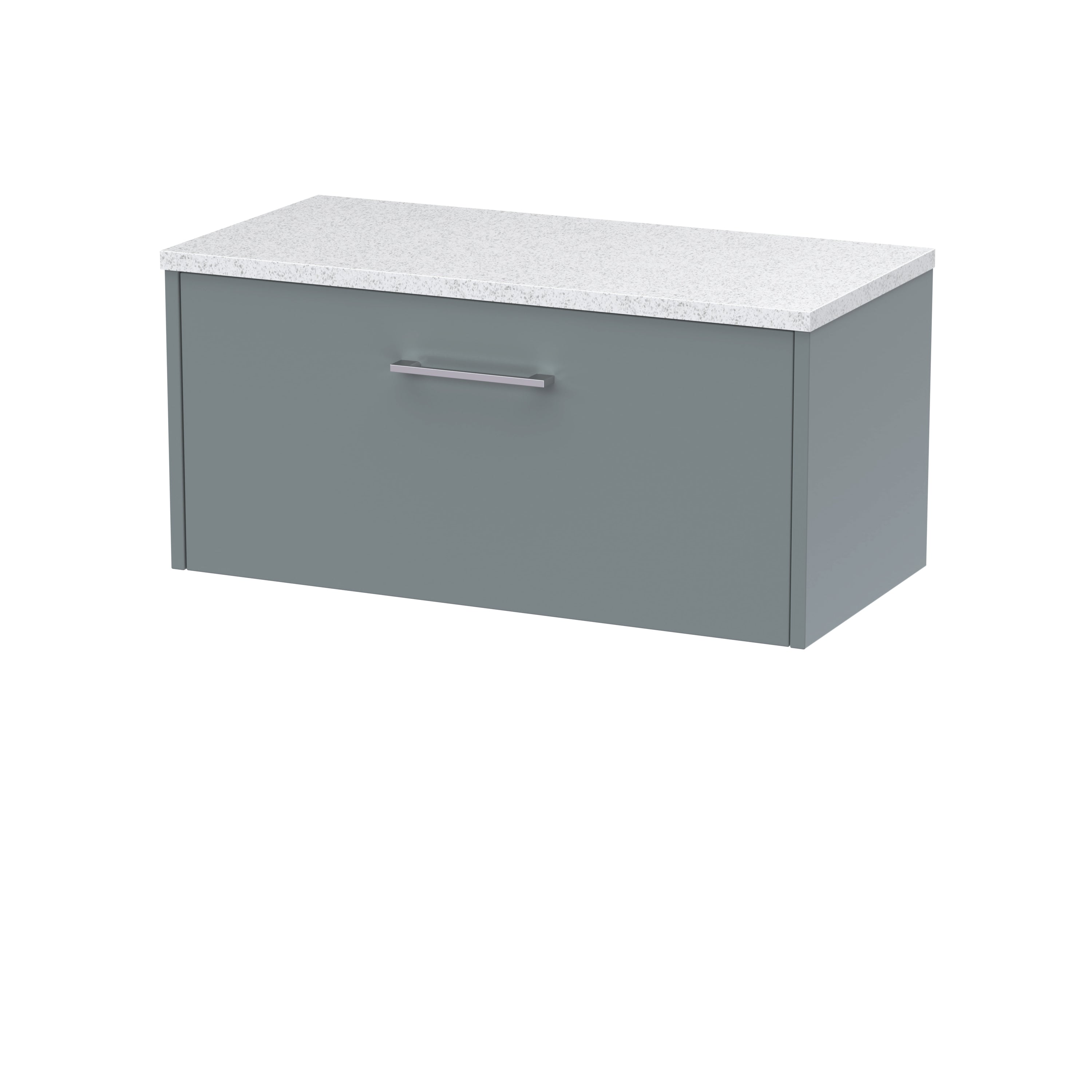 Modern grey bathroom vanity with white speckled countertop, sleek handle, ideal for contemporary bathroom design, functional storage space, and stylish look.