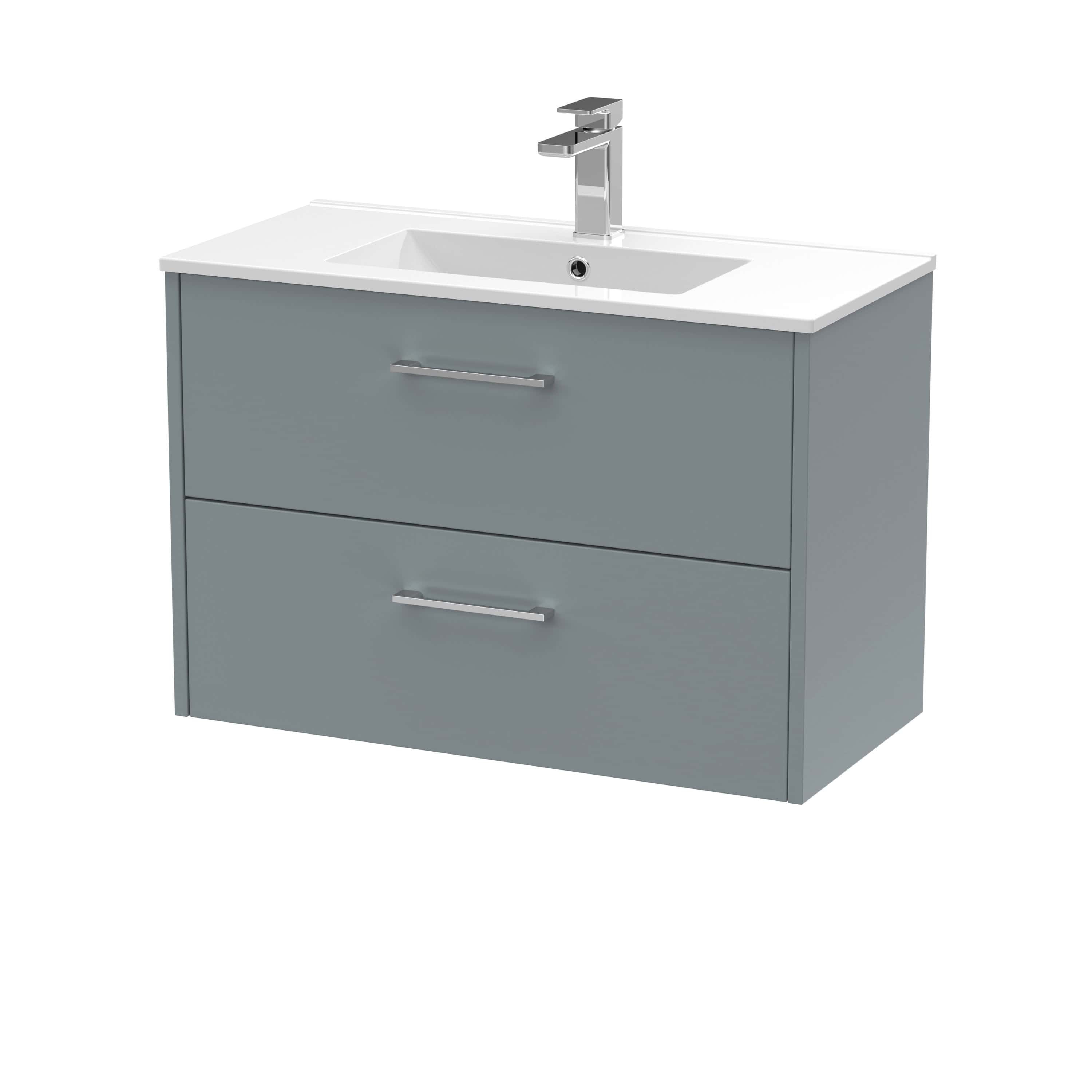 Modern grey bathroom vanity unit with integrated sink and chrome handle hardware – ideal for contemporary bathroom design.