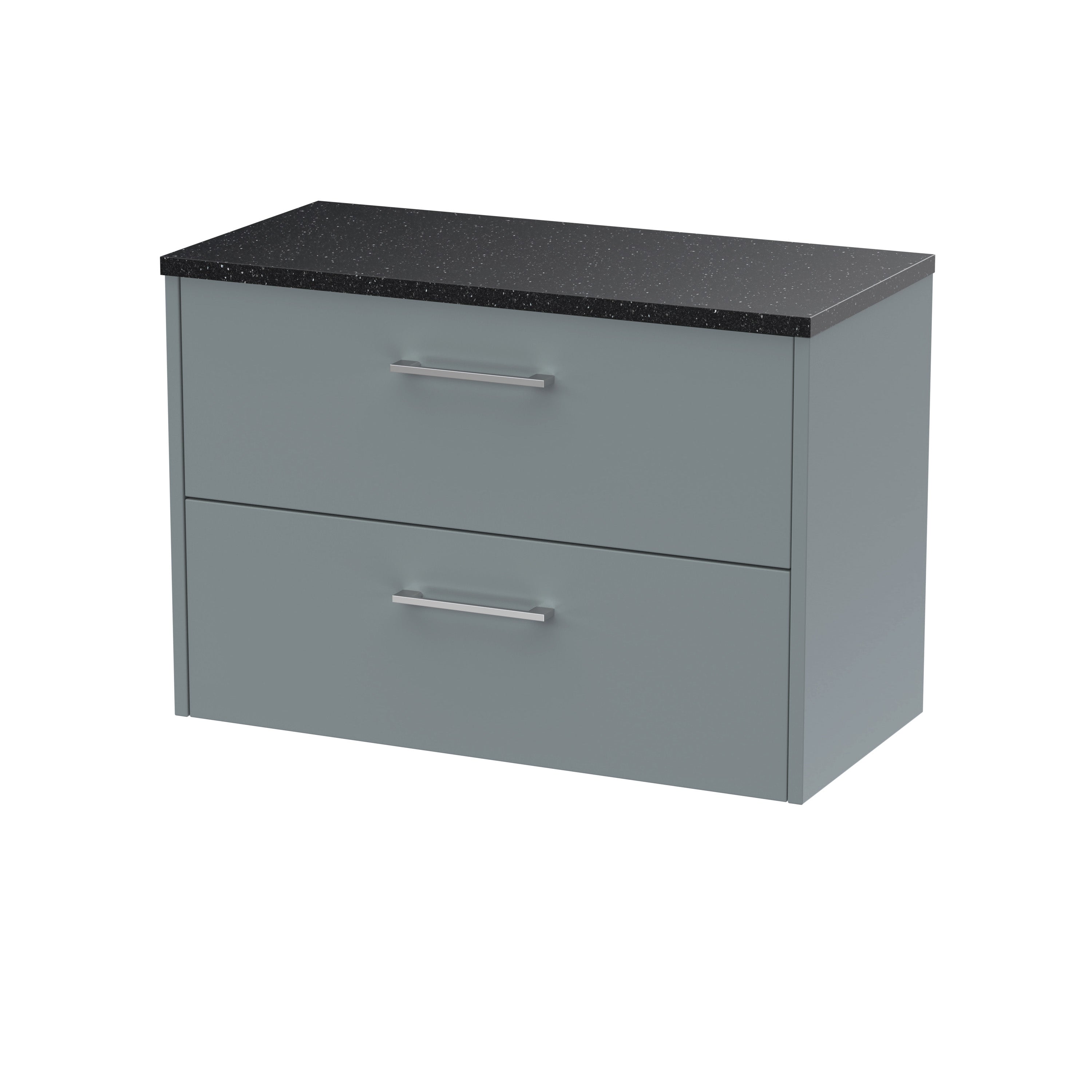 Sleek grey bathroom vanity unit with two drawers and a black granite countertop for modern bathroom storage solutions.