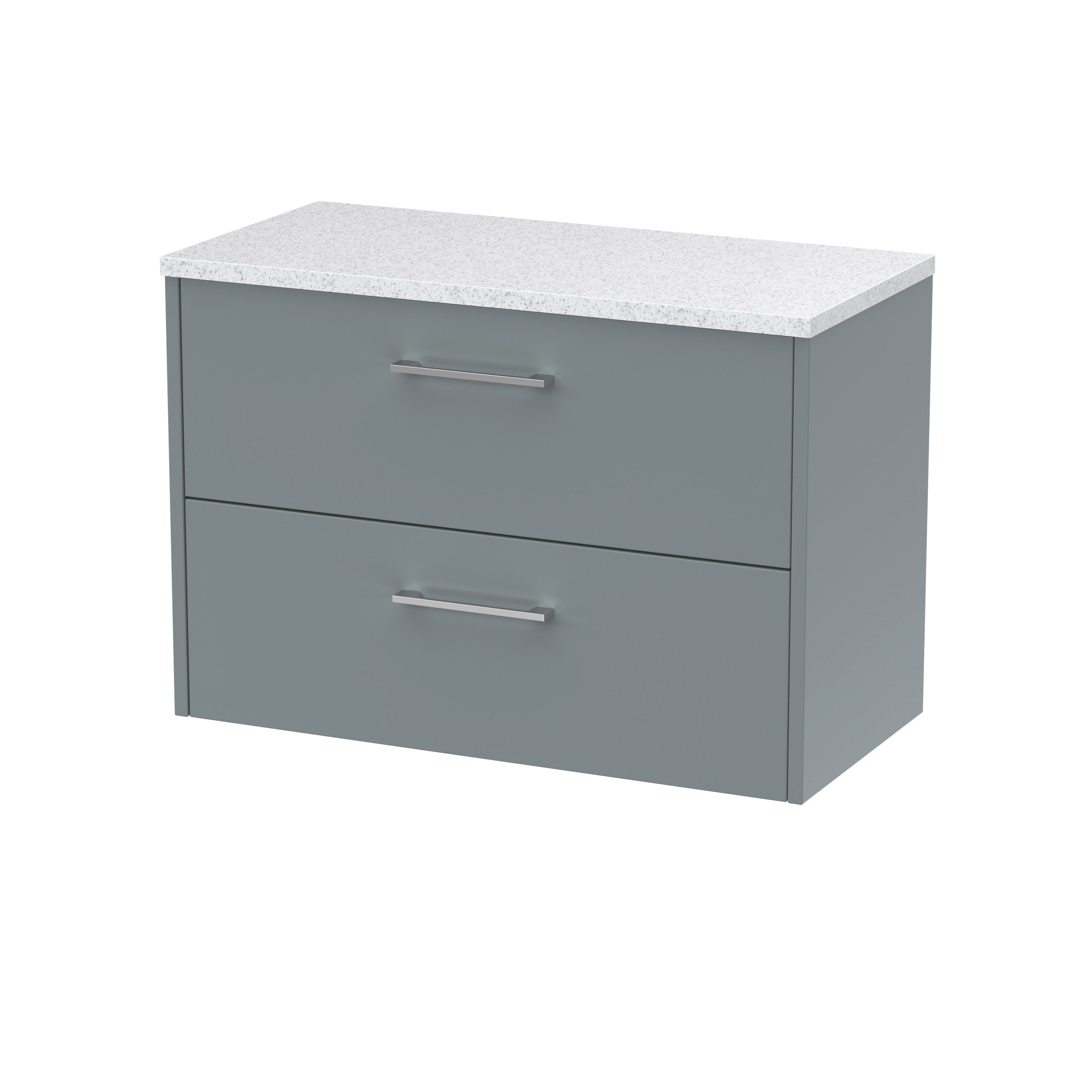 Sleek grey bathroom vanity unit with two spacious drawers and modern chrome handles, topped with a durable white stone effect worktop, ideal for contemporary bathroom storage solutions.