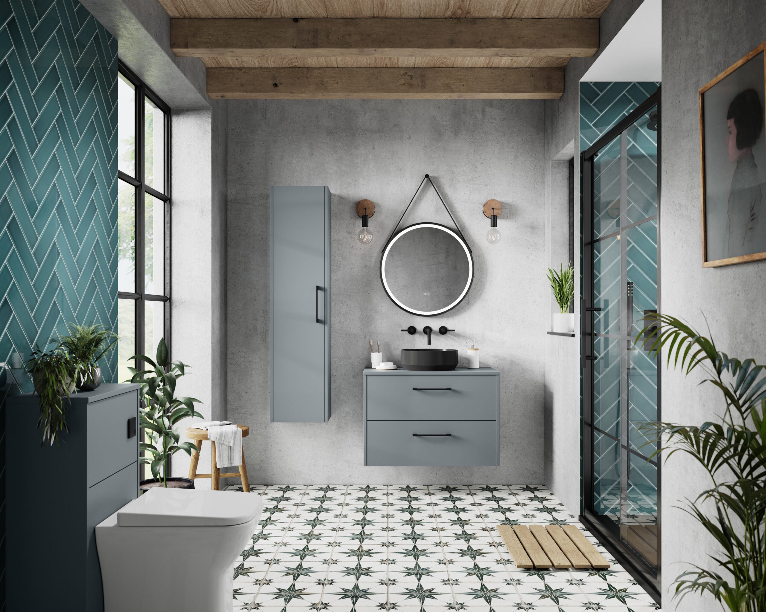 Modern grey bathroom with black fixtures, patterned floor tiles, and contemporary decor featuring green plants and a sleek vanity unit.