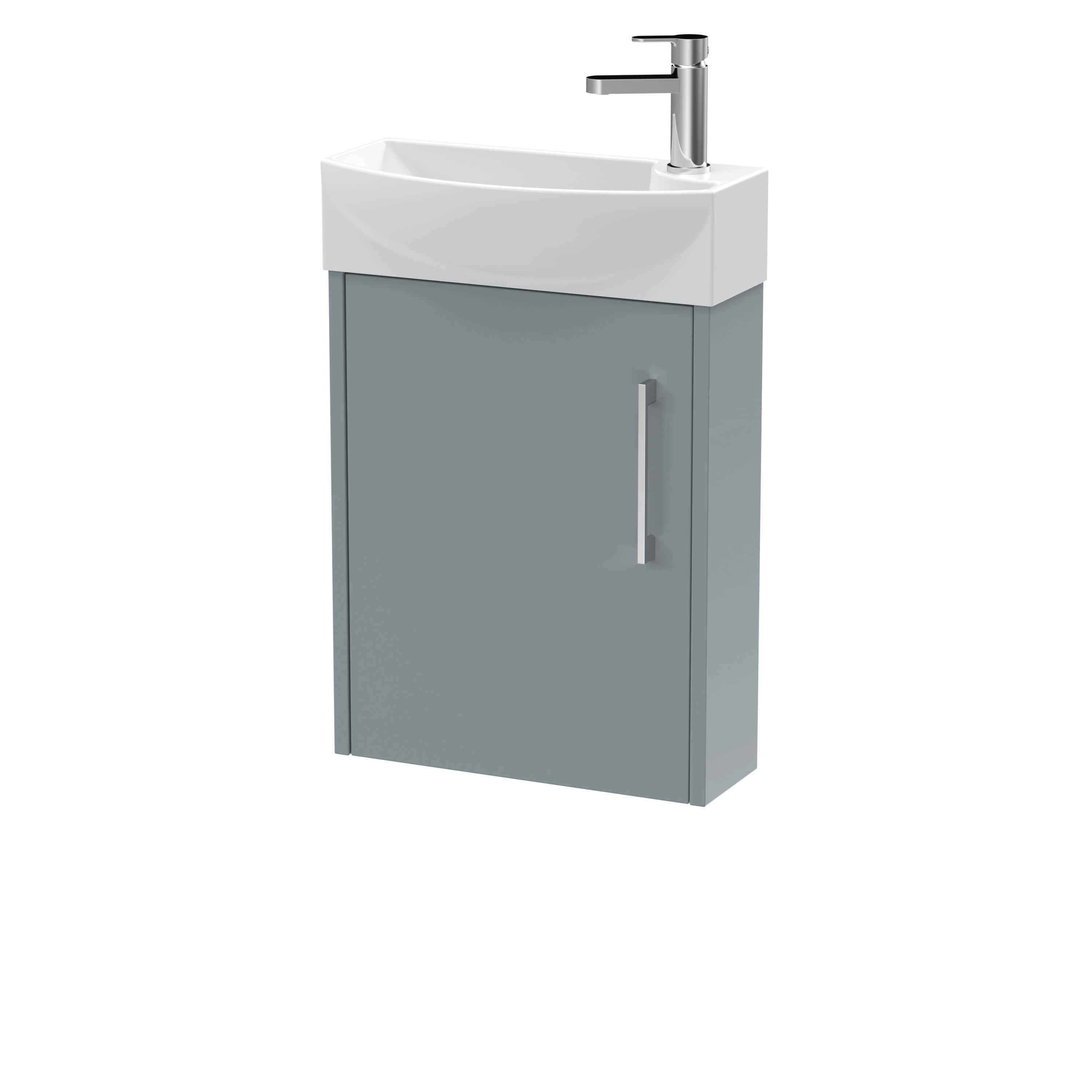 Sleek bathroom vanity unit with integrated sink and modern chrome tap, ideal for contemporary bathroom or cloakroom installations. Compact design with grey cabinet and easy-to-clean surface.