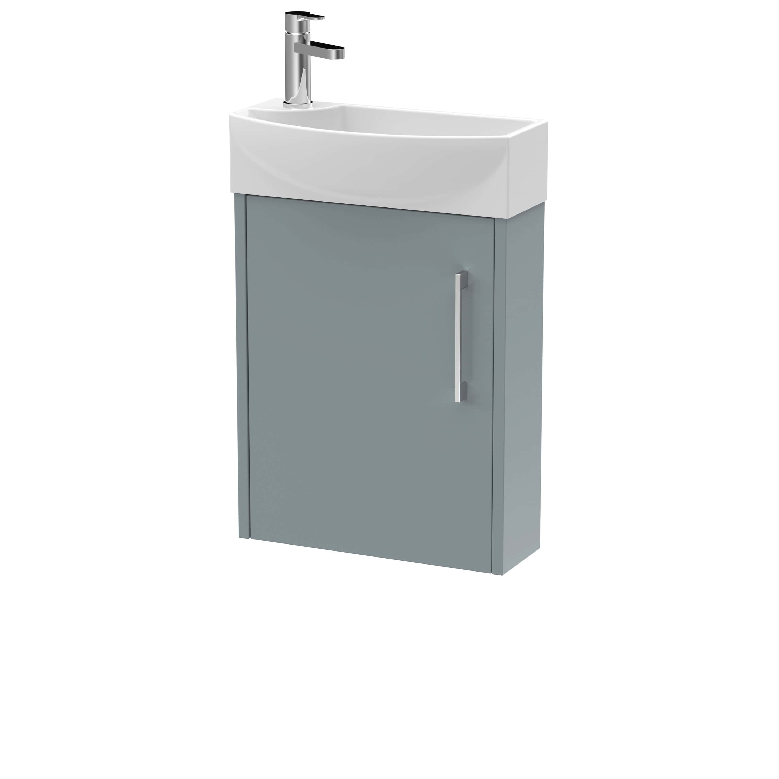 Sleek bathroom vanity with integrated sink and modern chrome tap, ideal for contemporary bathroom designs.
