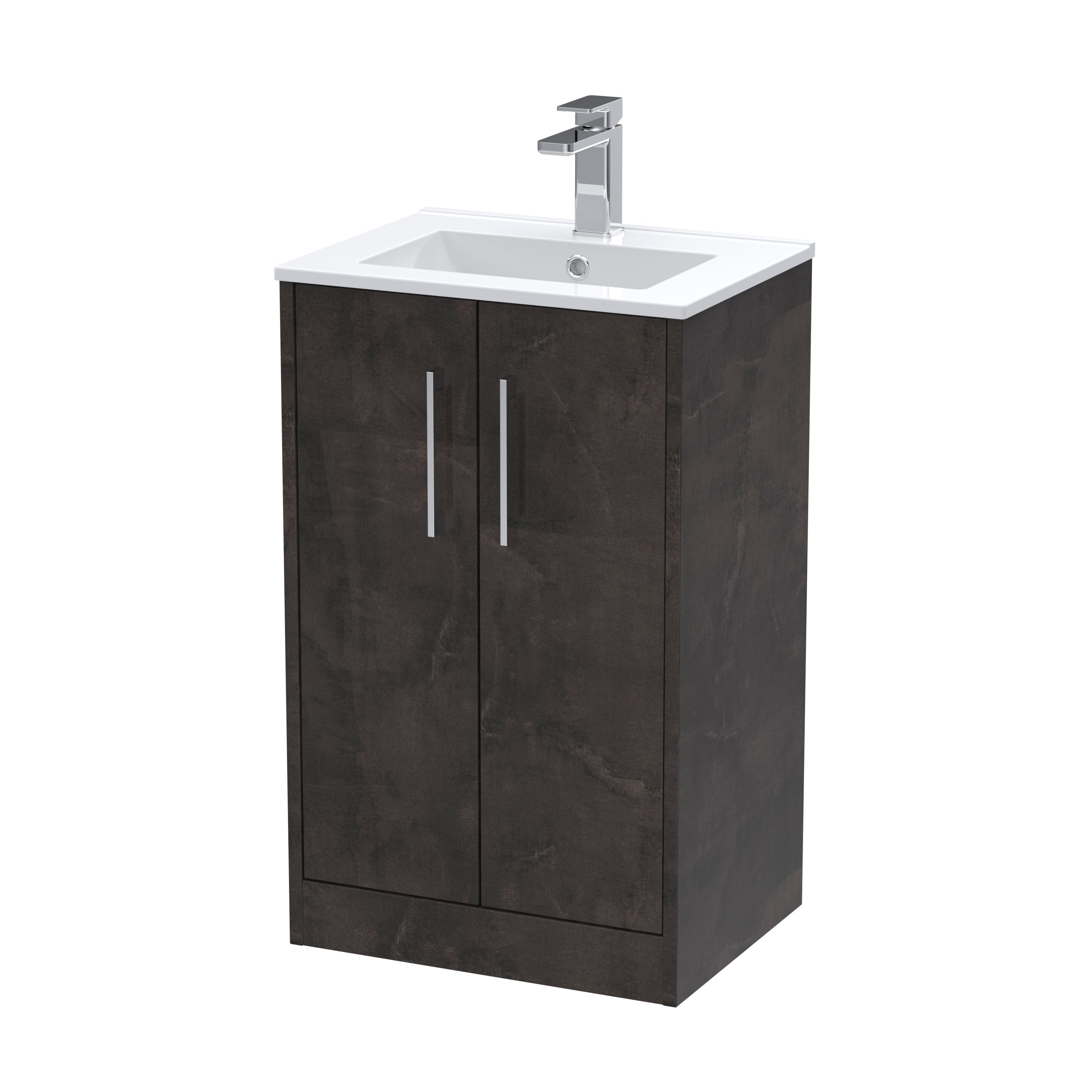 Modern bathroom vanity with a sleek dark wood finish, integrated white ceramic sink, and chrome-finished tap, perfect for contemporary bathrooms and optimised for space and style.