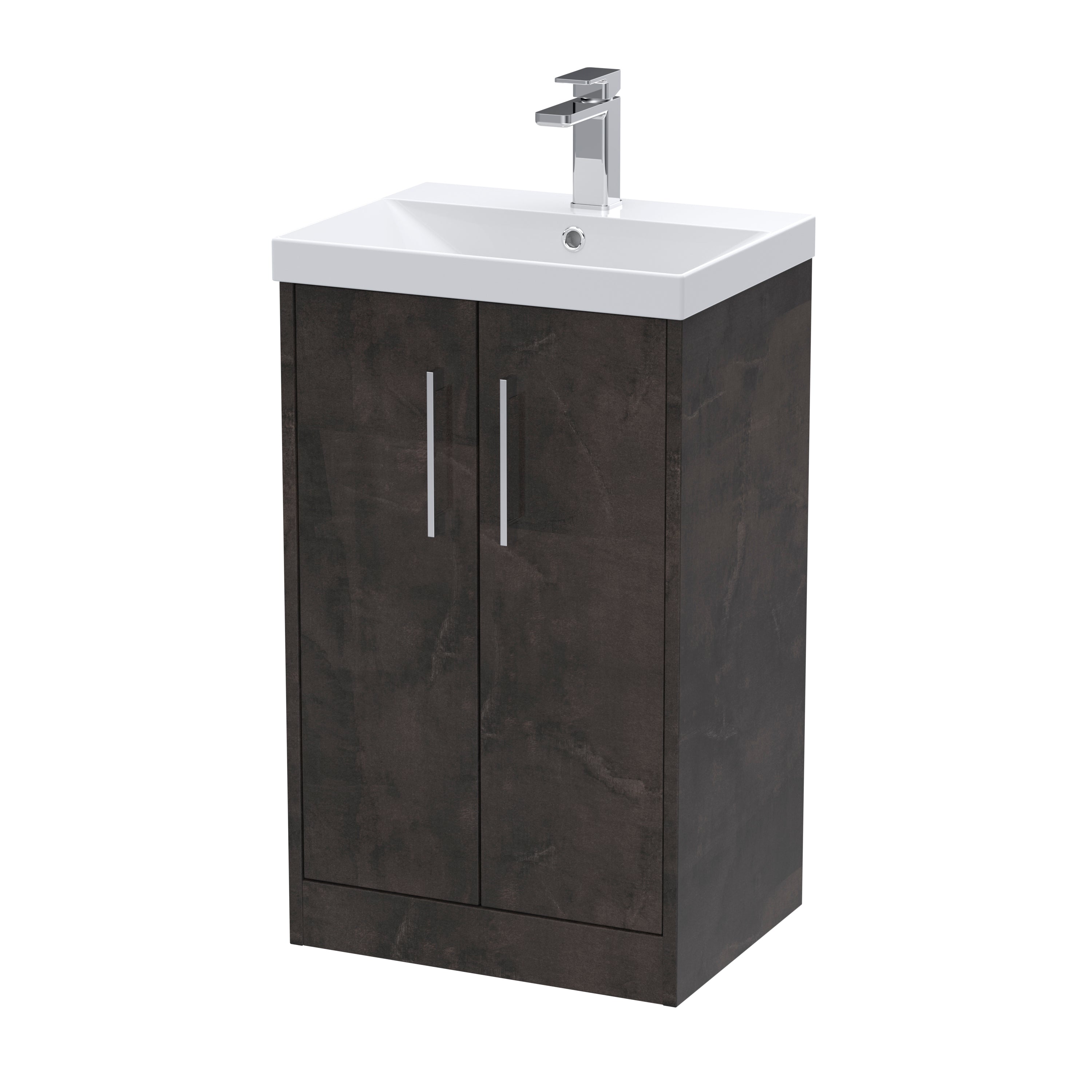 Modern bathroom vanity unit with white ceramic sink and chrome tap, featuring dark wood-effect storage cabinet, ideal for contemporary bathroom decor.