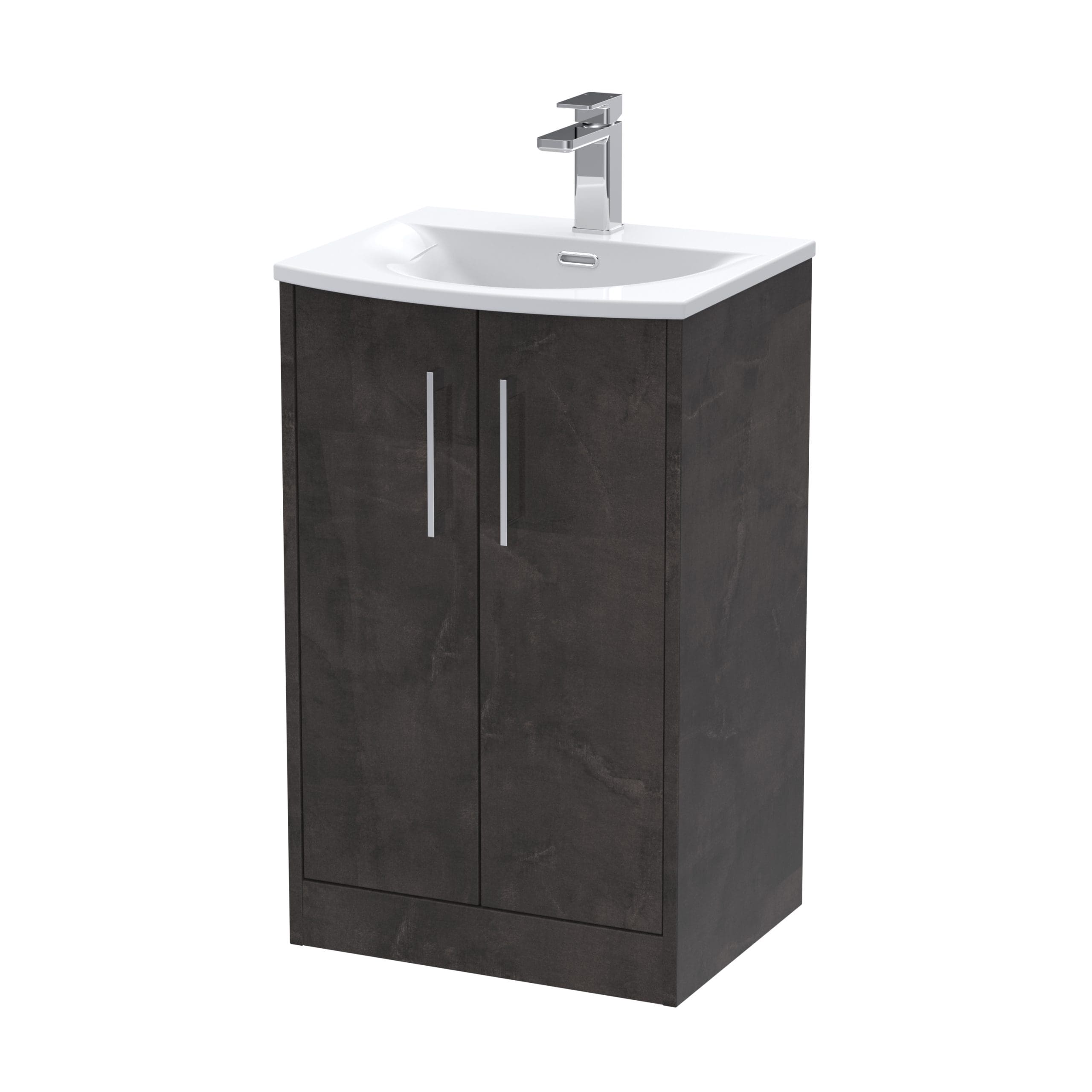 Modern bathroom vanity unit with ceramic basin and chrome tap, dark wood finish, suitable for contemporary bathroom designs.