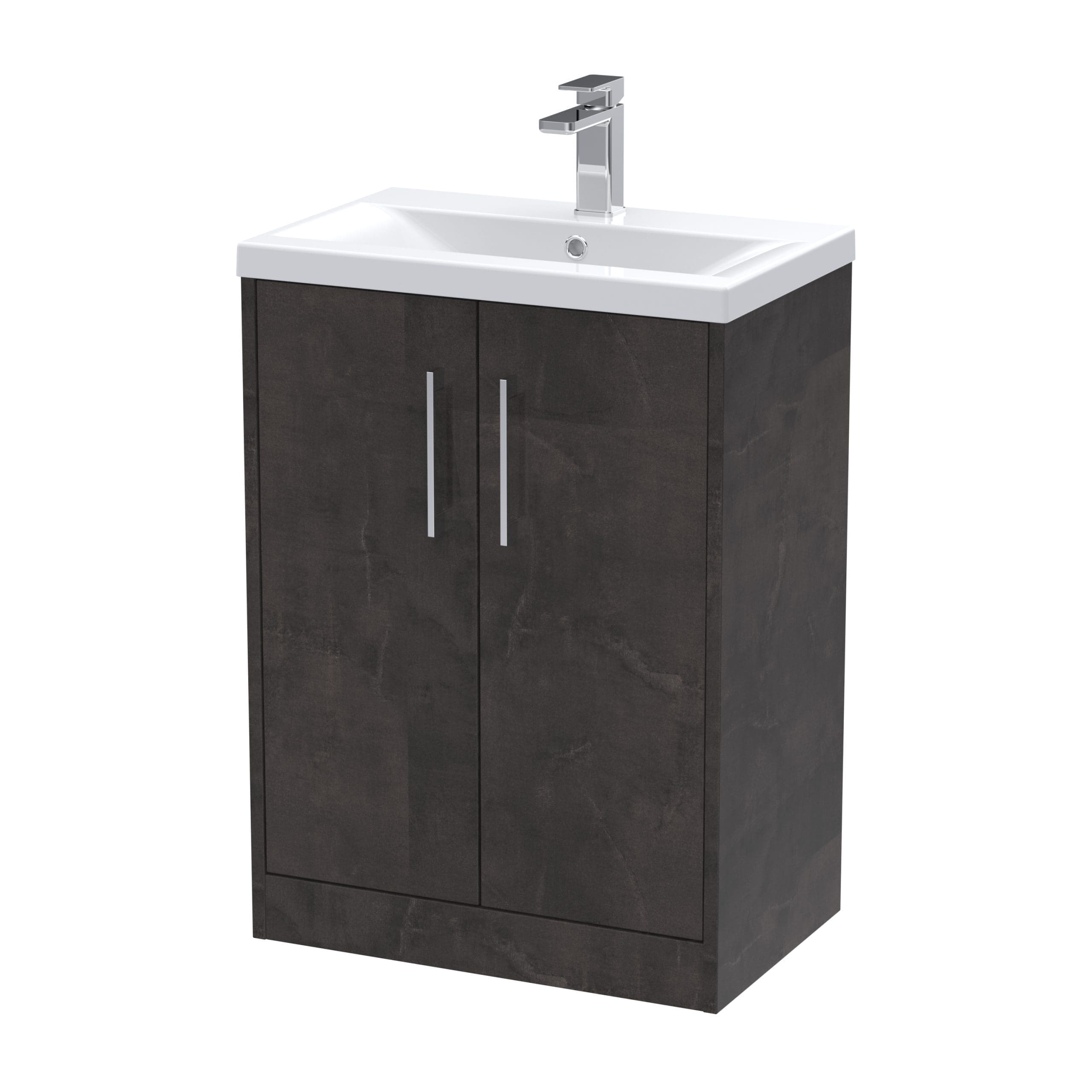 Modern bathroom vanity with a dark wood finish, white ceramic sink, and sleek chrome tap, perfect for contemporary bathrooms seeking functional and stylish storage solutions.