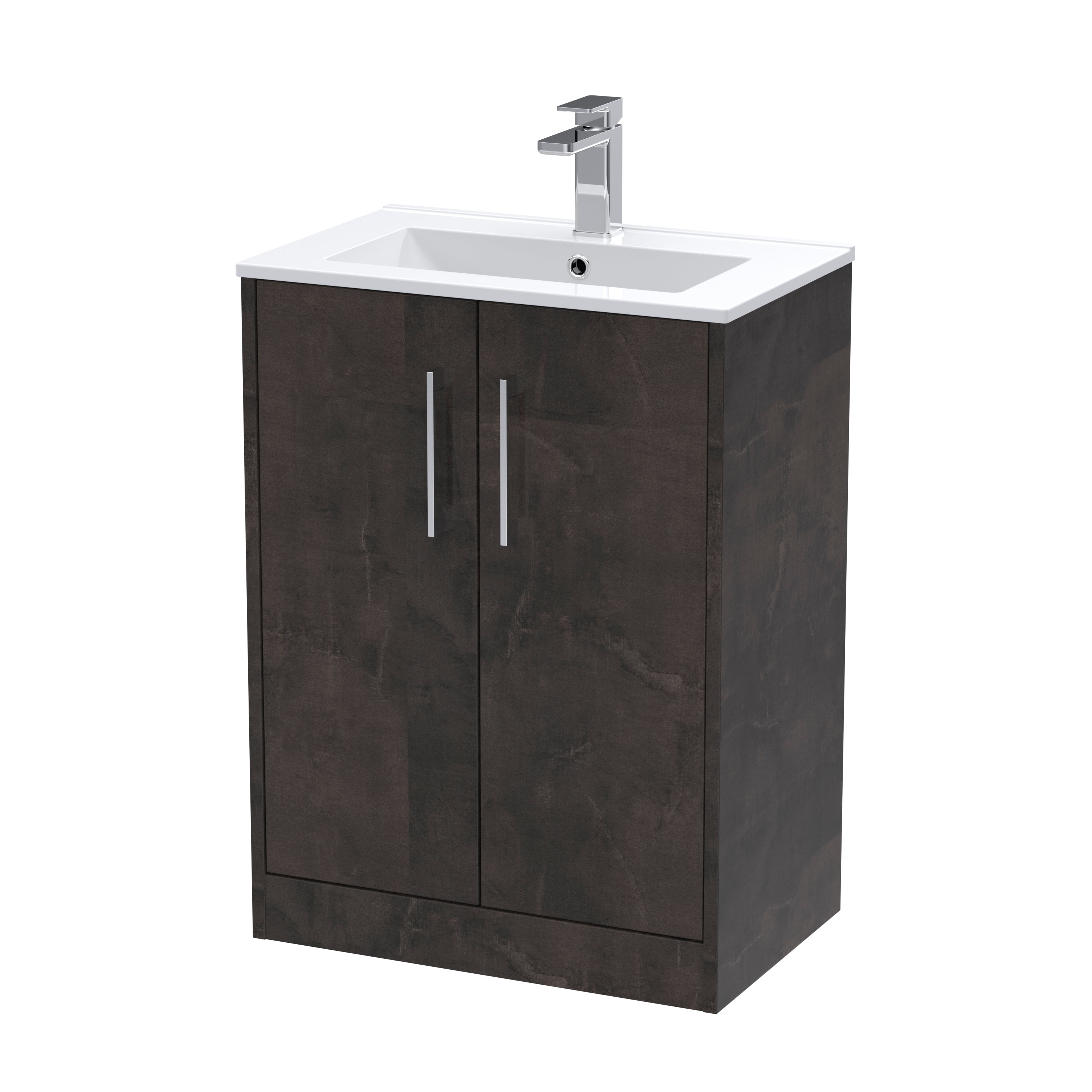 Modern dark wood bathroom vanity with integrated sink and chrome faucet for stylish bathroom storage solutions.