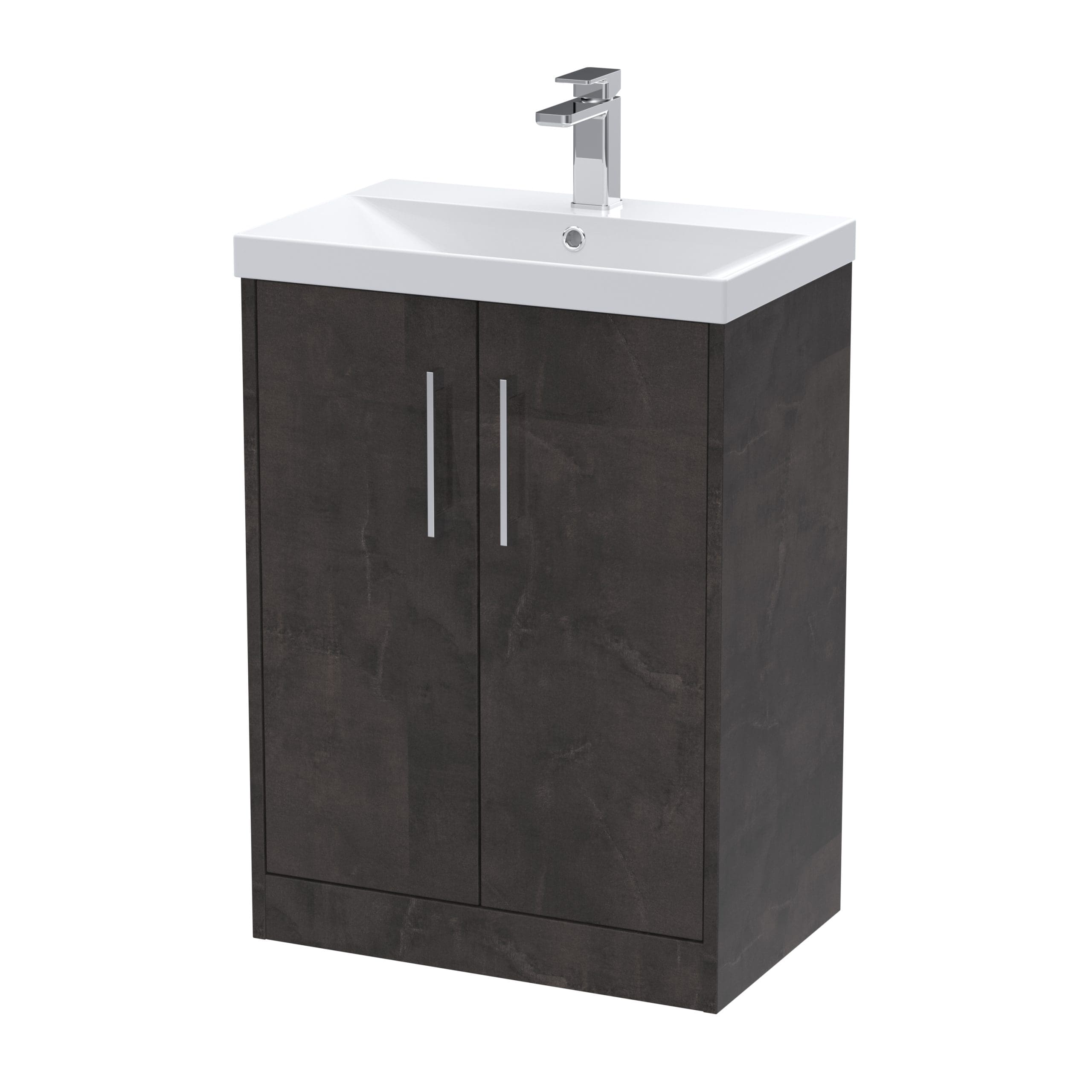 Modern bathroom vanity unit with a white ceramic sink and sleek dark wood cabinet, ideal for contemporary bathroom design and storage solutions.