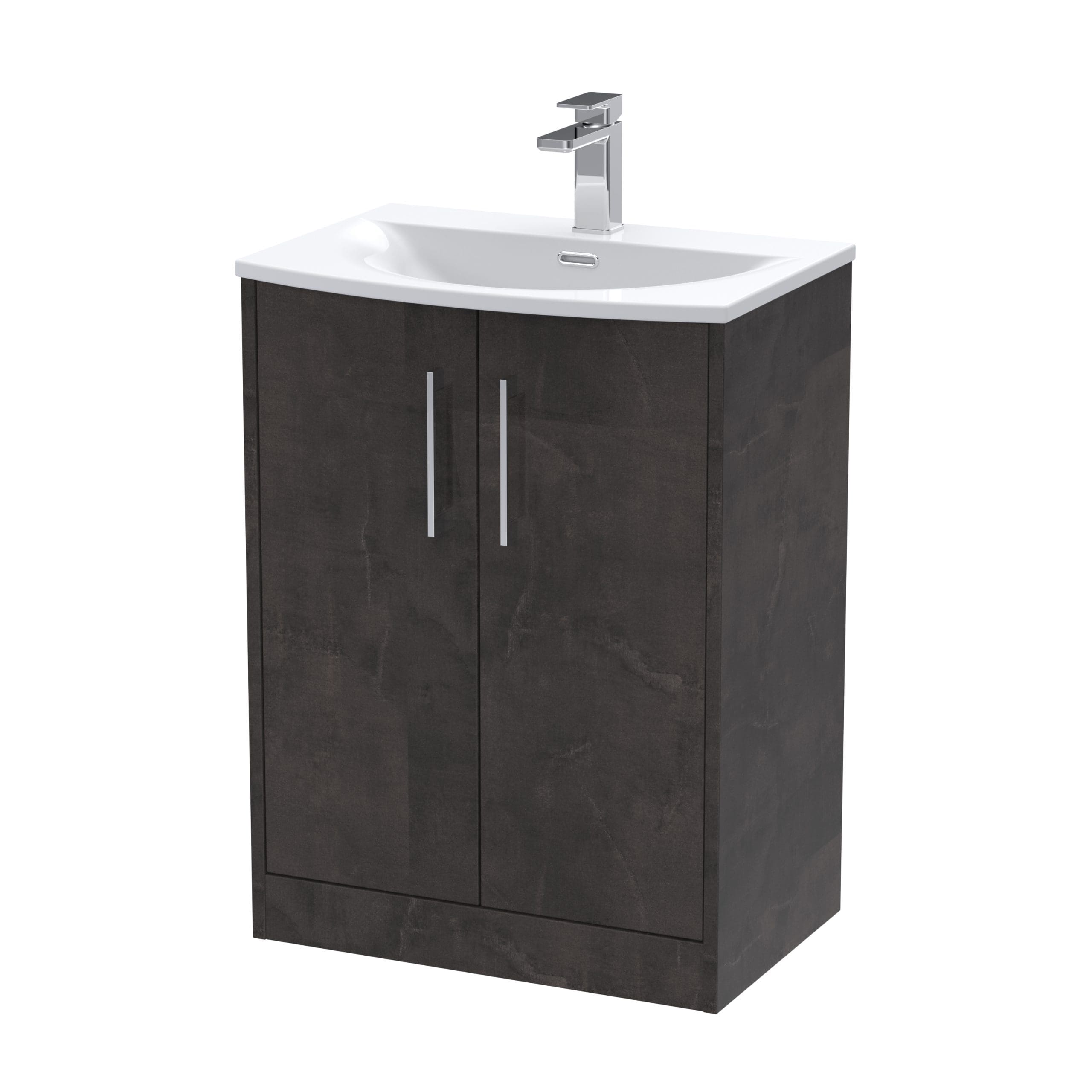 Sleek bathroom vanity unit with a modern dark wood finish, built-in ceramic sink, and chrome tap, perfect for contemporary bathroom designs. The compact storage cabinet offers practicality and style.