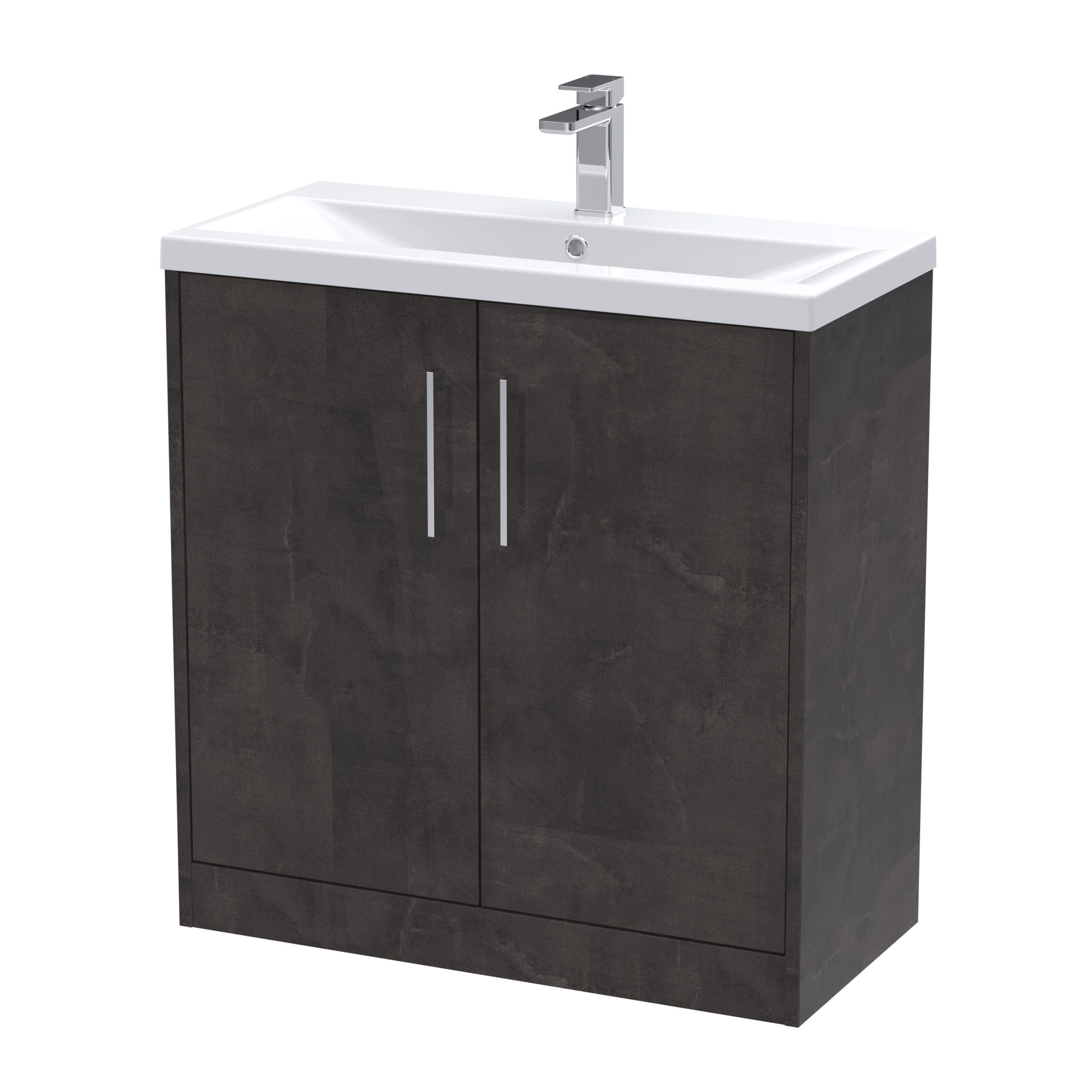 Modern bathroom vanity with a sleek white ceramic sink, dark wood cabinet, and contemporary chrome faucet, perfect for stylish and functional bathroom design.