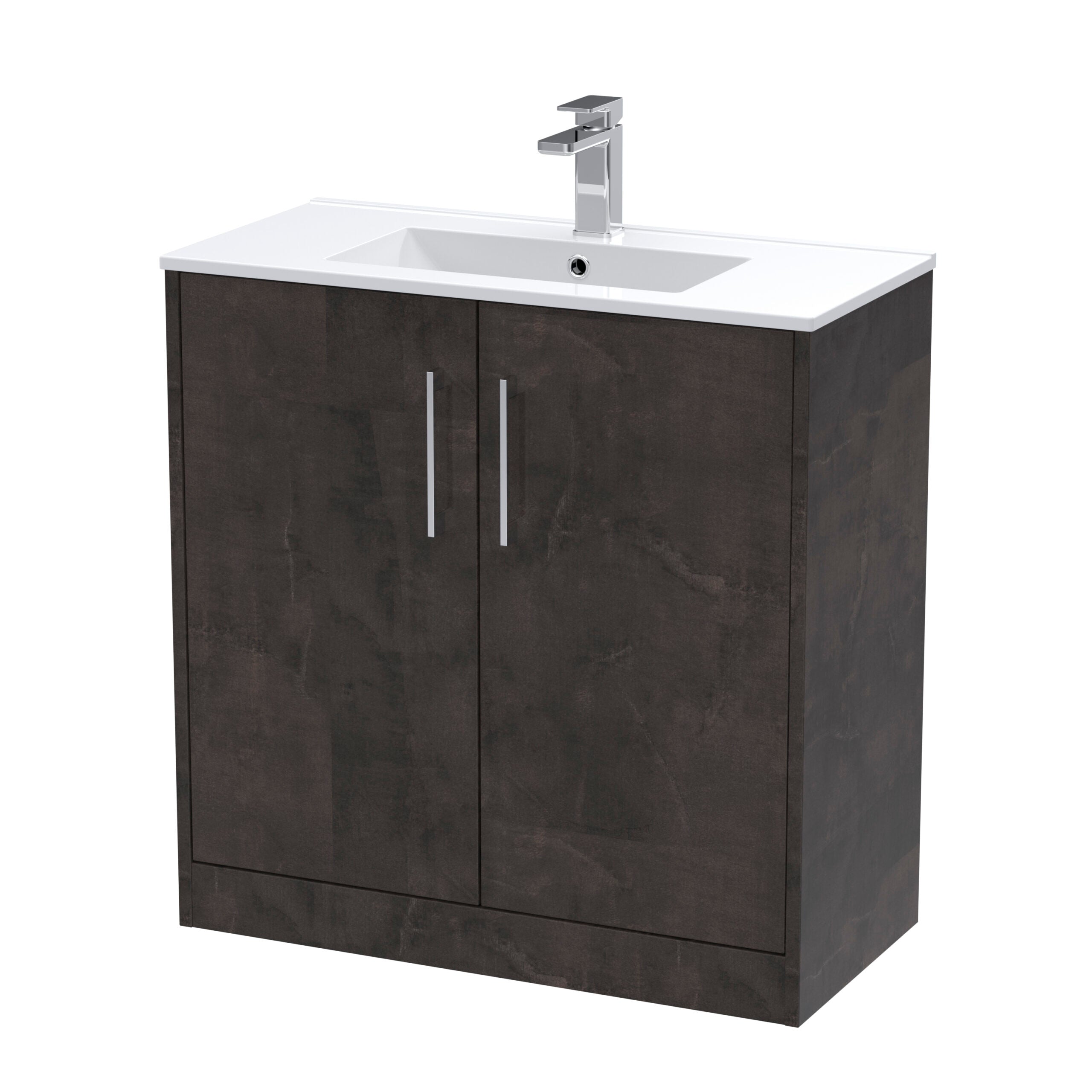 Modern dark wood bathroom vanity unit with white ceramic sink and chrome tap, ideal for contemporary bathroom interior design. Durable, stylish storage solution for your bathroom essentials.