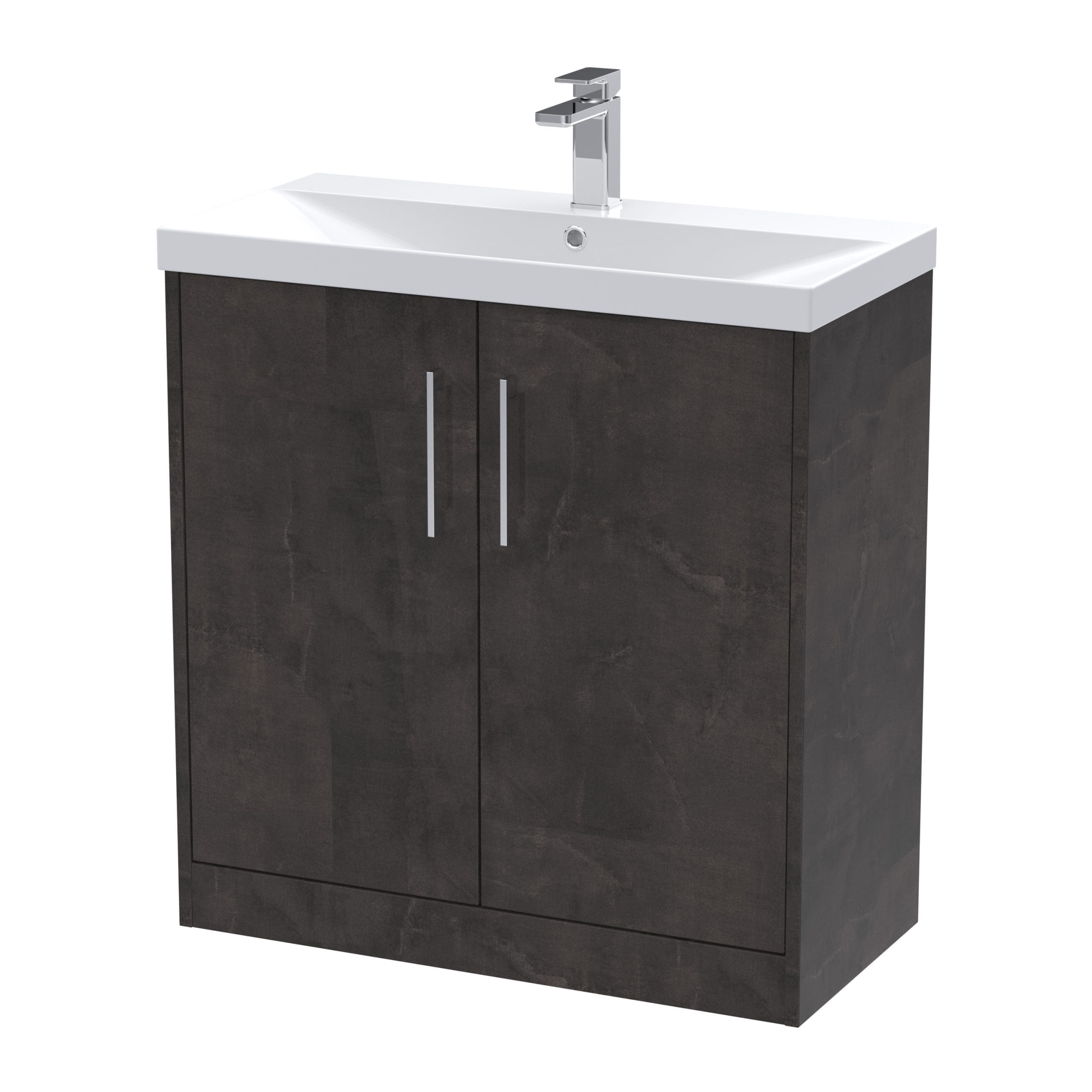 Modern bathroom vanity unit with a white ceramic sink and sleek dark wood-effect cabinet for stylish bathroom storage. Suitable for contemporary bathroom designs.
