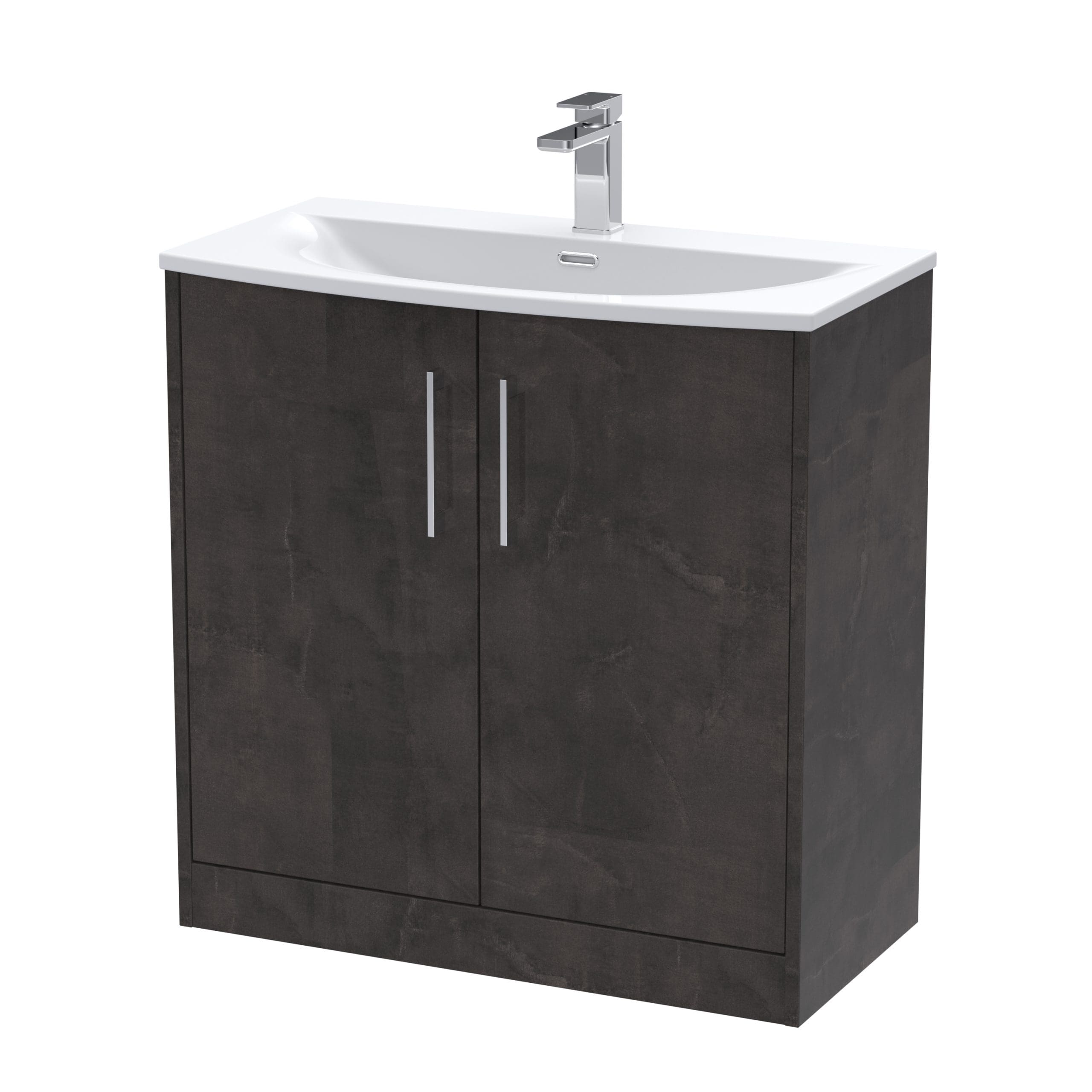 Modern black bathroom vanity with integrated ceramic sink and sleek chrome tap, ideal for contemporary bathroom renovation and plumbing fixtures.