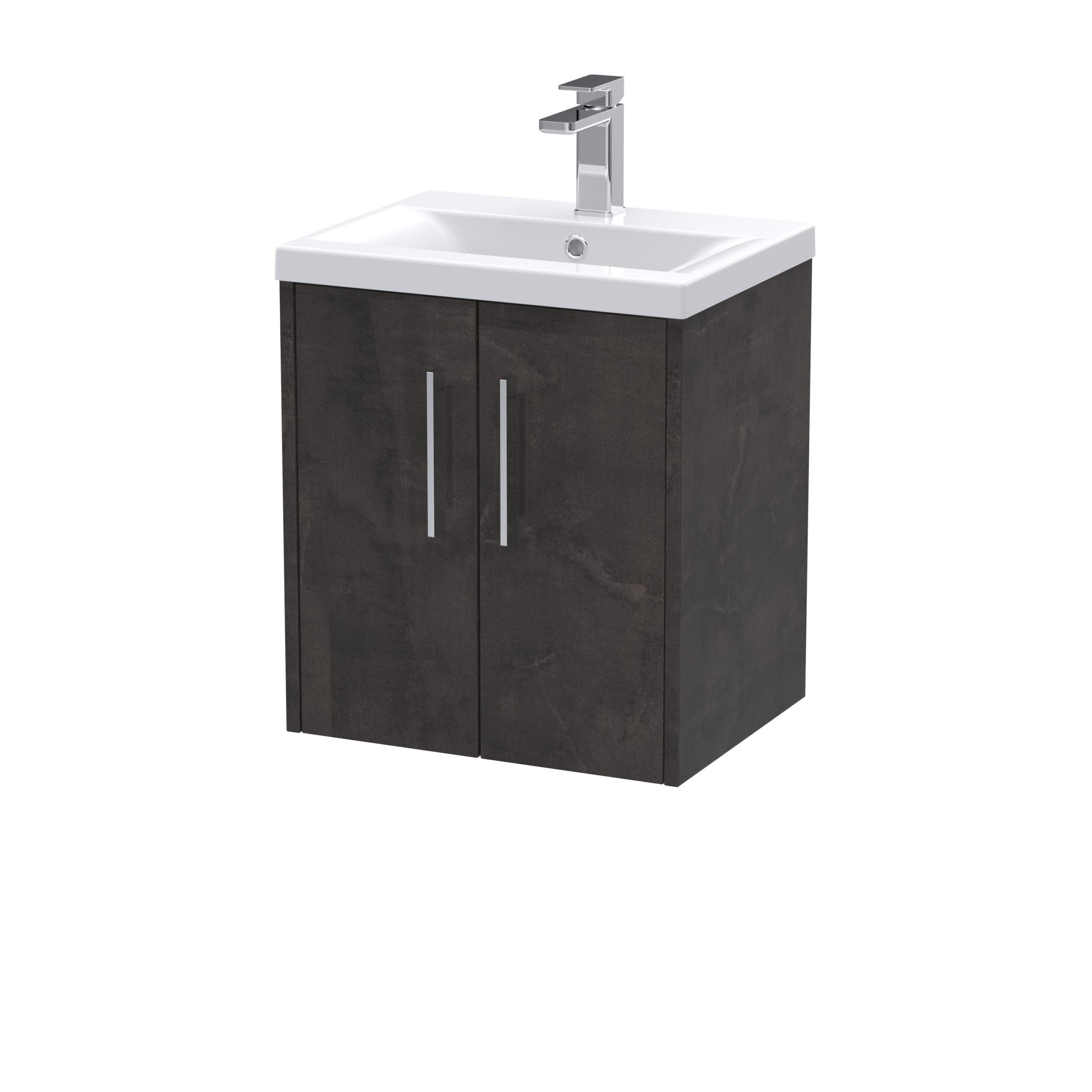 Modern bathroom sink vanity with dark wood finish and white ceramic basin, featuring sleek silver handles and contemporary chrome tap for stylish bathroom storage solutions.