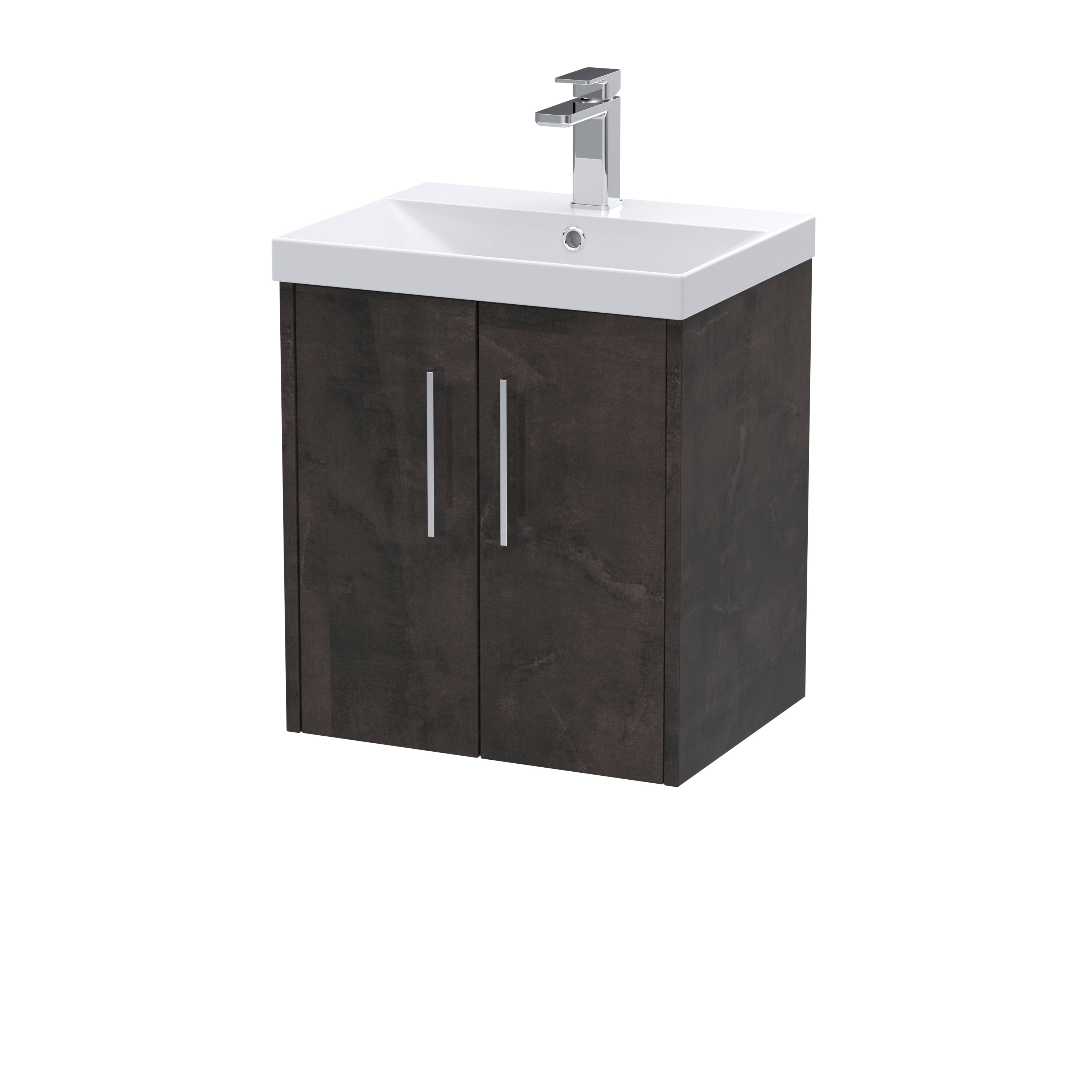 Modern bathroom vanity with dark wood cabinet and white ceramic sink, perfect for contemporary bathroom interiors.