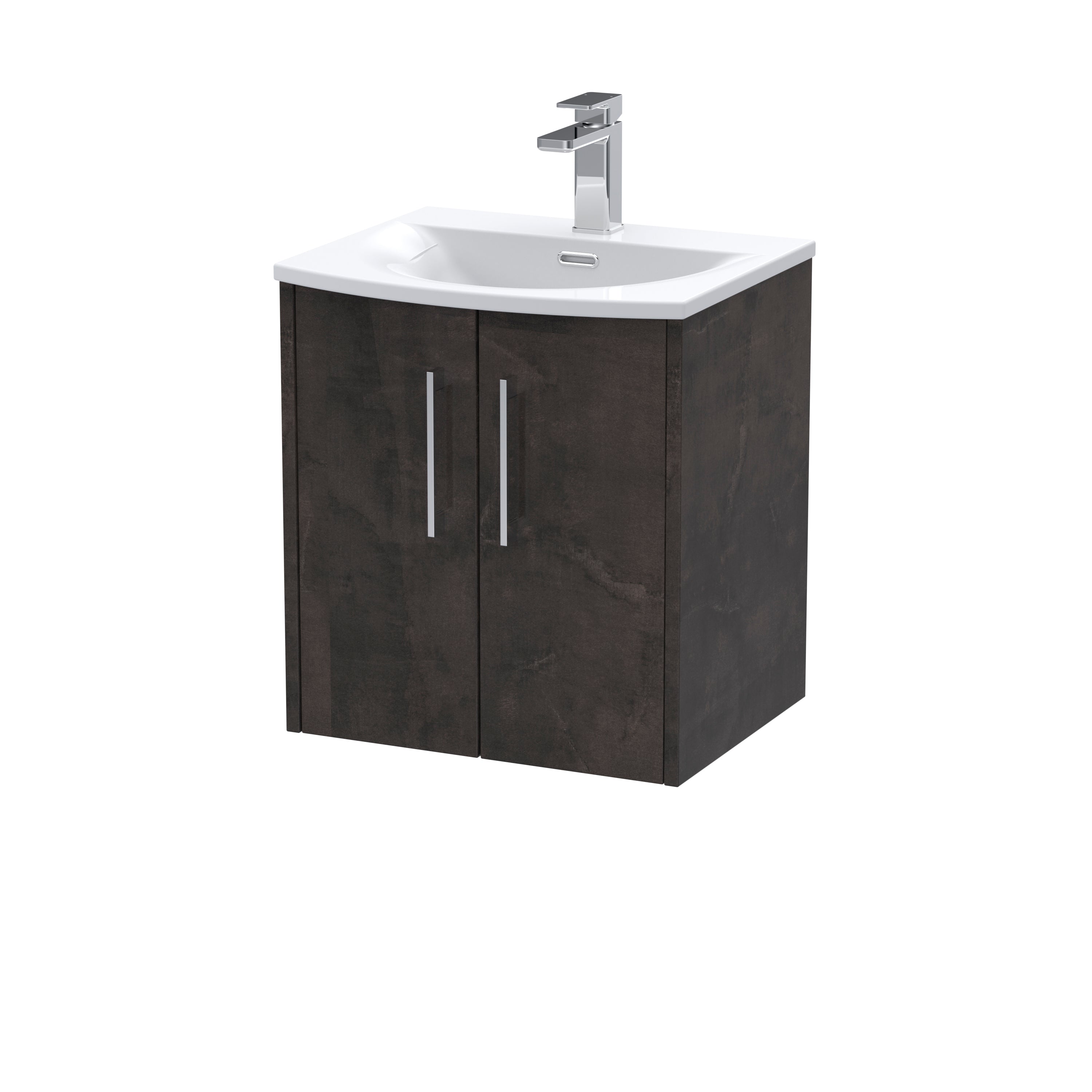 Modern bathroom vanity with dark wood cabinet and white ceramic sink, featuring sleek silver handles and a contemporary chrome faucet, ideal for stylish and functional bathroom upgrades.