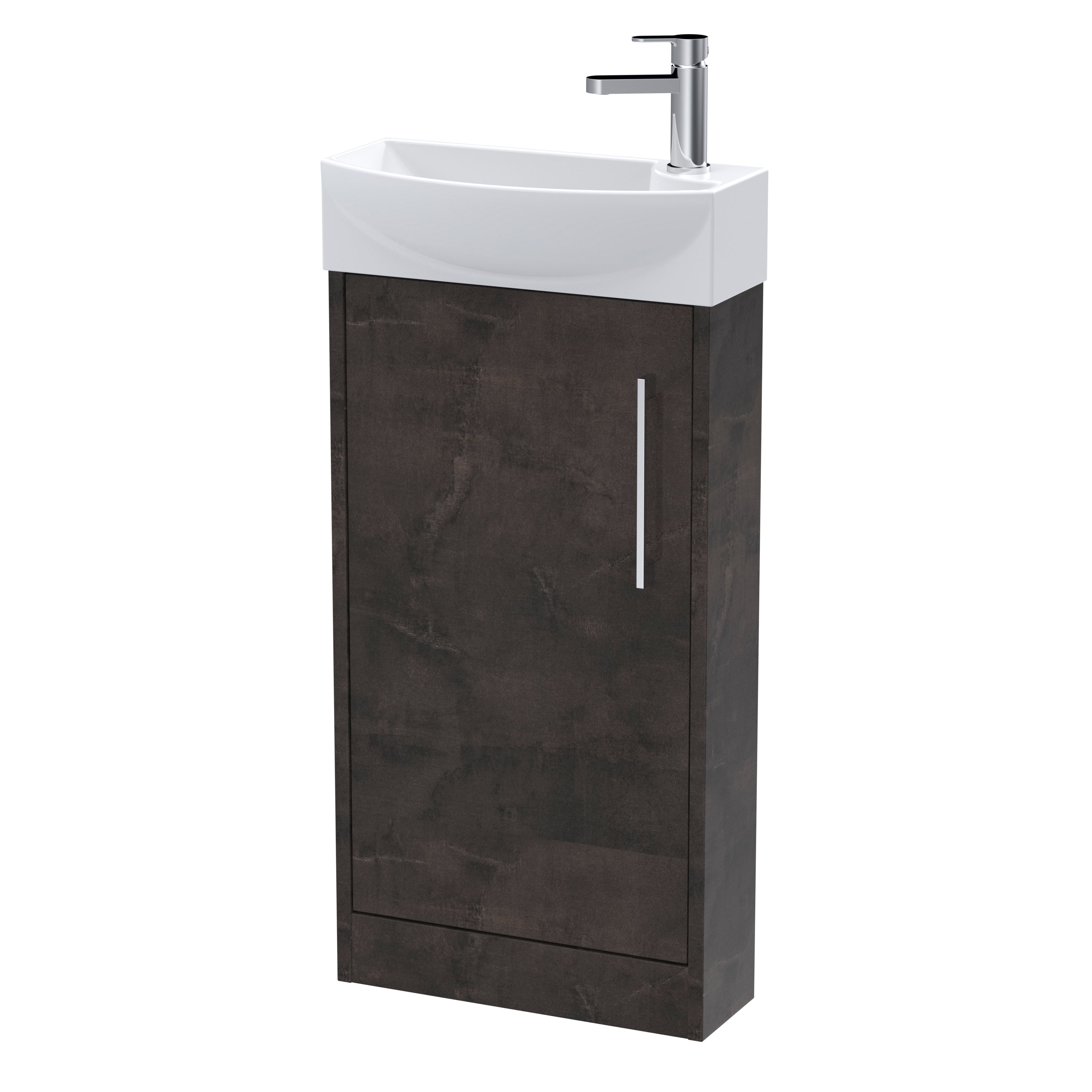 Sleek bathroom vanity with integrated sink and modern chrome tap, finished in dark wood-look cabinetry, ideal for compact bathrooms or utility rooms.