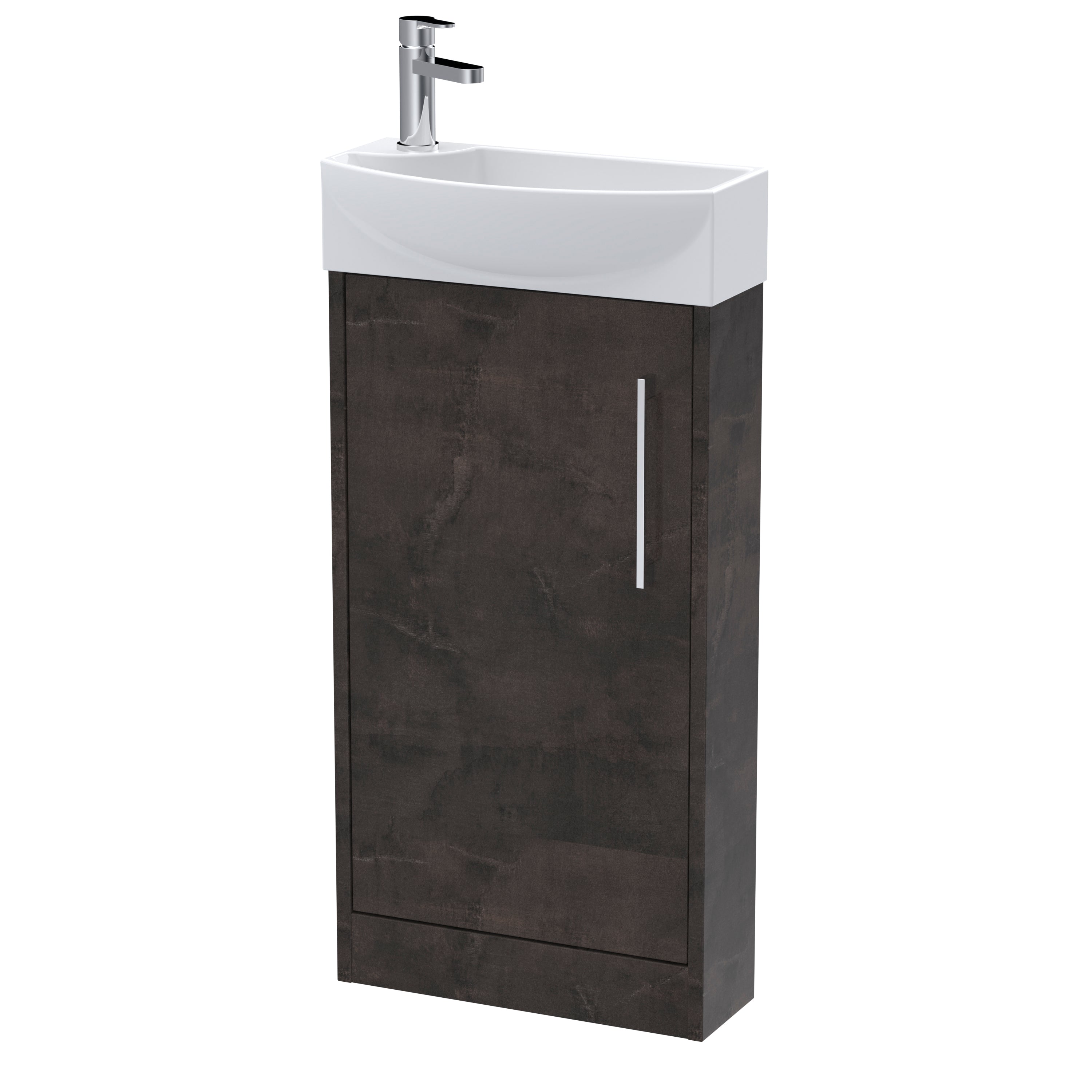 Modern bathroom sink with dark wooden cabinet and chrome tap, ideal for contemporary bathrooms.