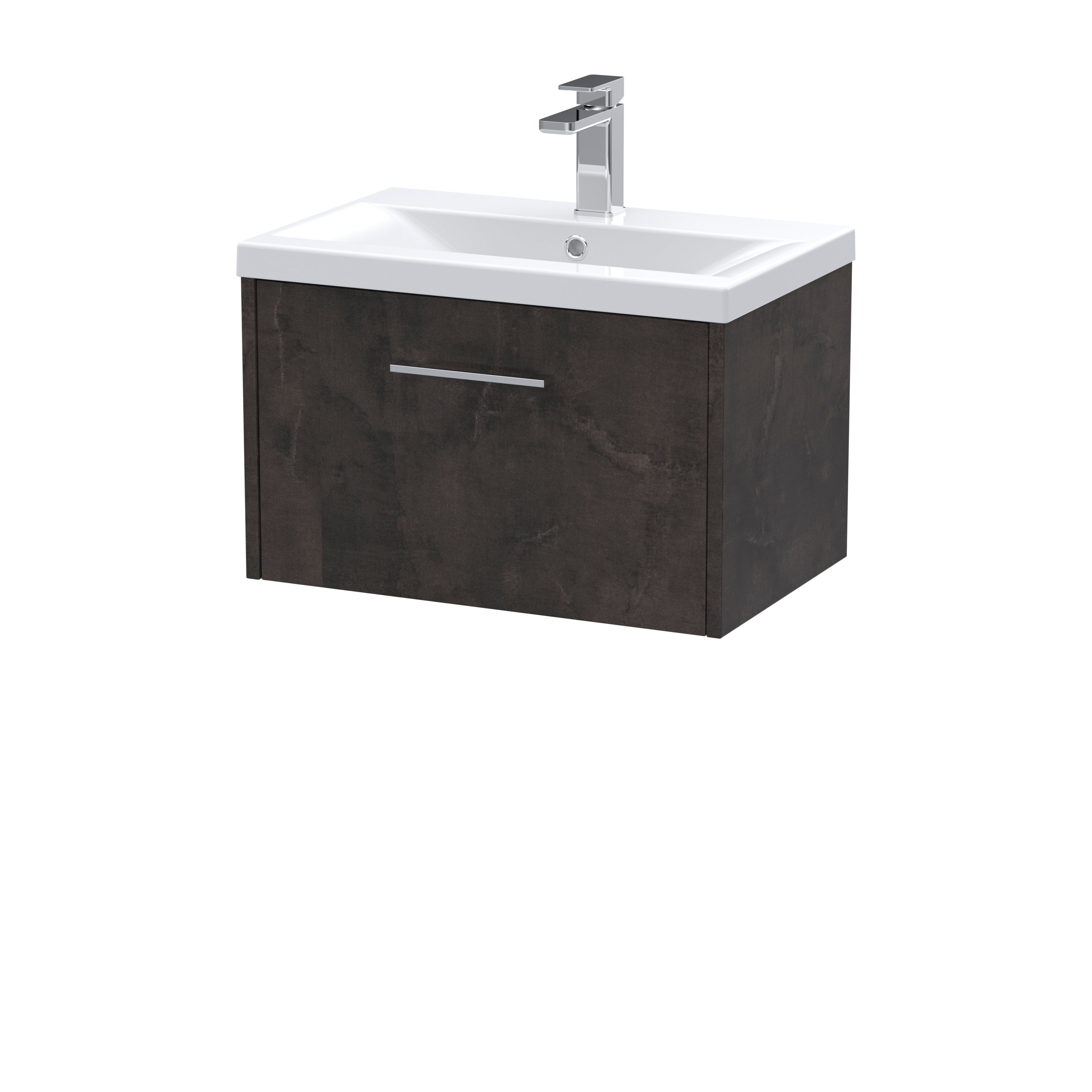 Sleek modern bathroom vanity unit with integrated ceramic sink and chrome tap, ideal for contemporary bathroom designs. Perfect storage solution with a stylish dark wood finish.
