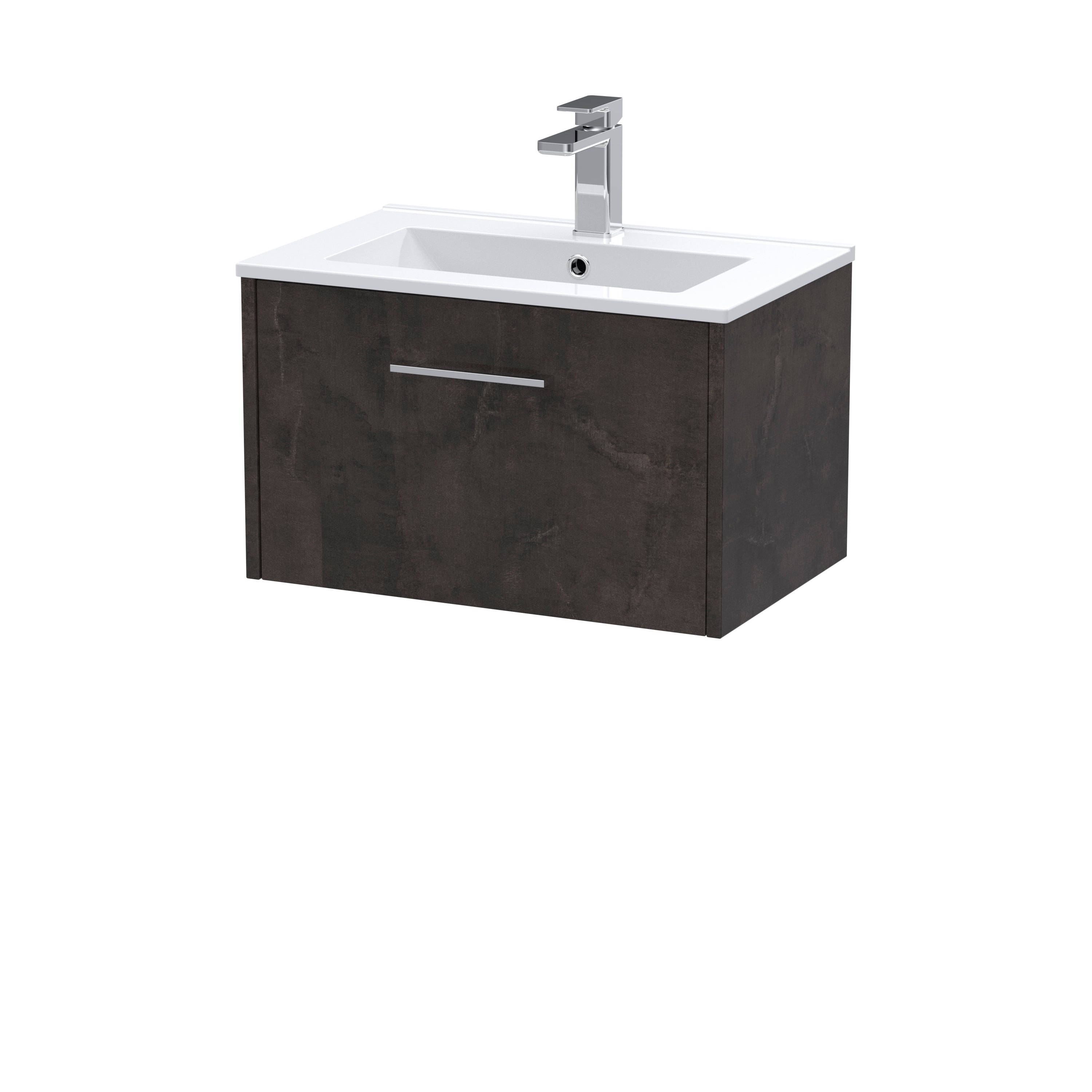 Modern bathroom vanity unit with integrated sink and chrome tap, dark wood finish, ideal for contemporary bathroom designs.