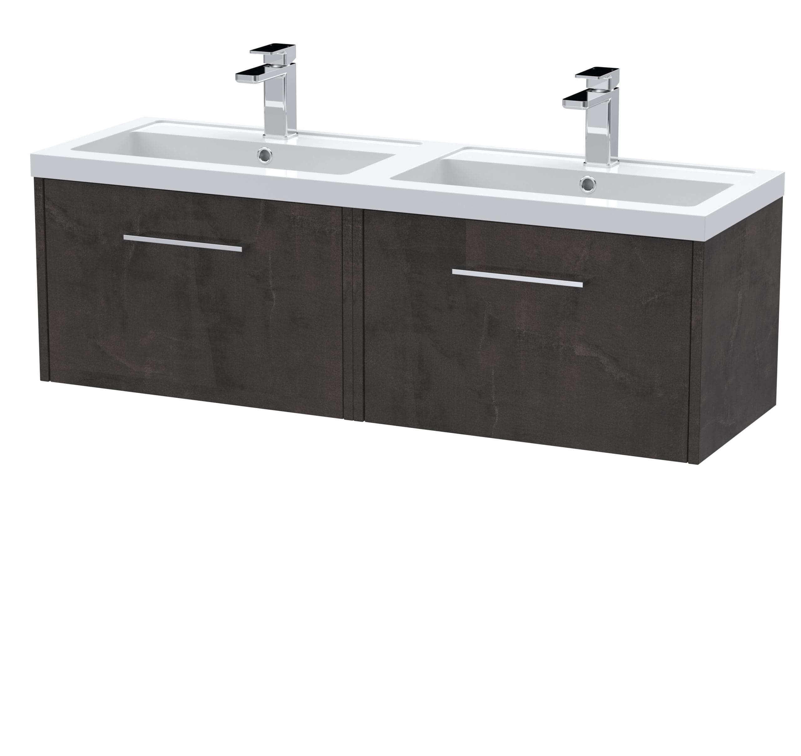 Contemporary double wash basin vanity unit with modern chrome taps and dark wood finish cabinetry, ideal for stylish bathroom renovation.
