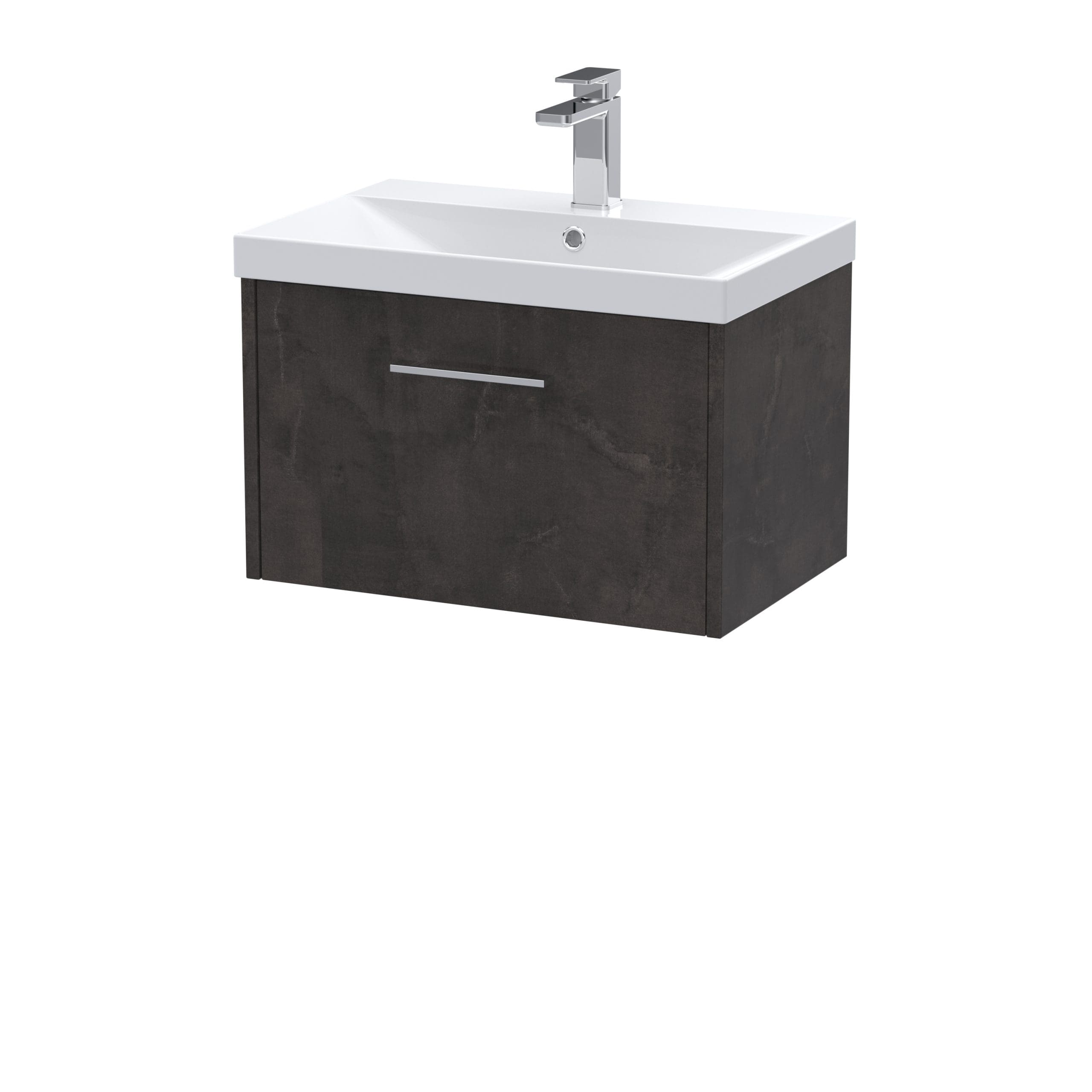 Sleek bathroom vanity with dark wood finish and integrated ceramic sink, perfect for modern bathroom decor and functional storage.