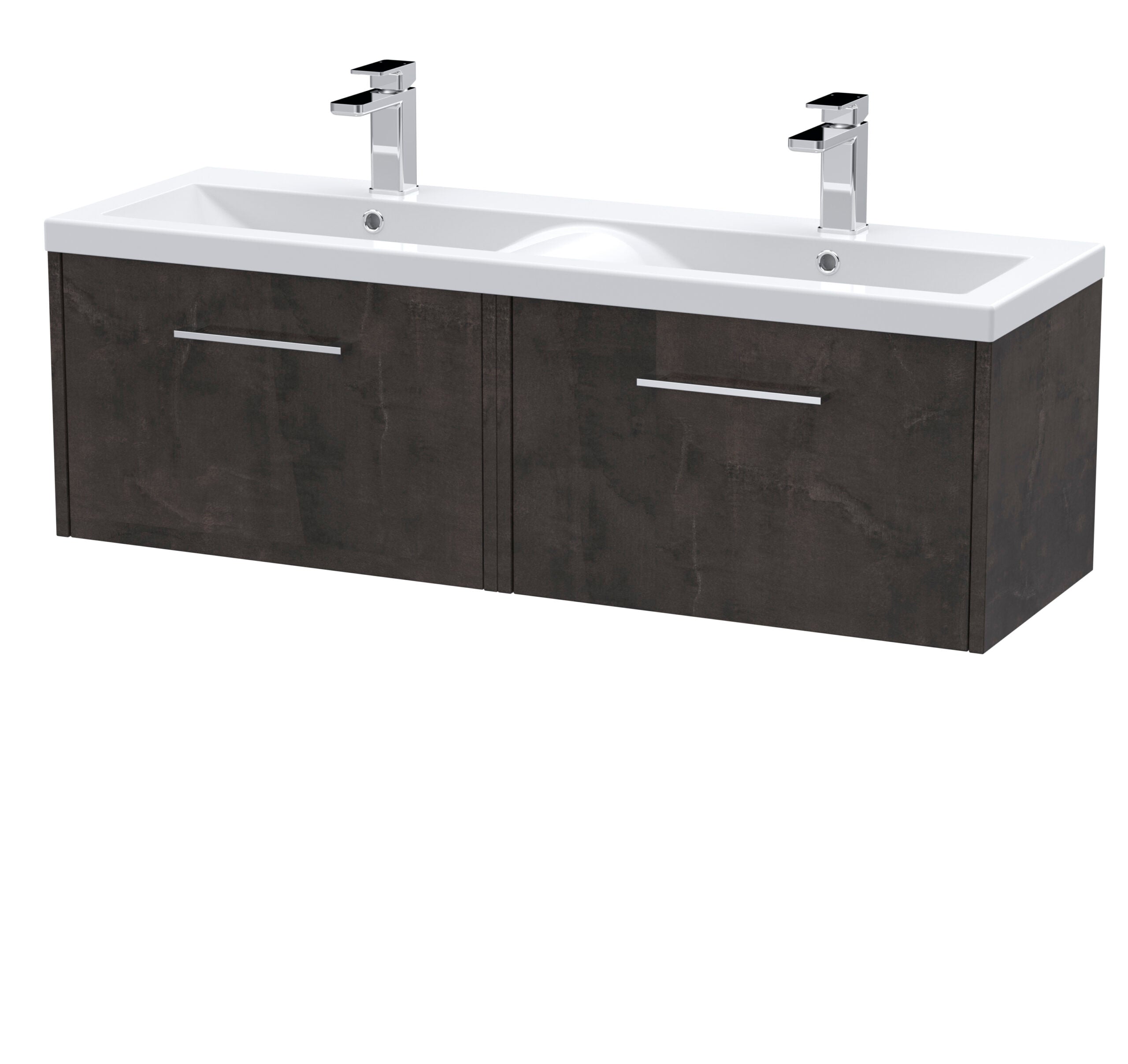 Contemporary double bathroom vanity with dark wood finish and white ceramic sink, featuring dual modern chrome faucets and integrated storage drawers. Perfect for stylish bathroom upgrades.