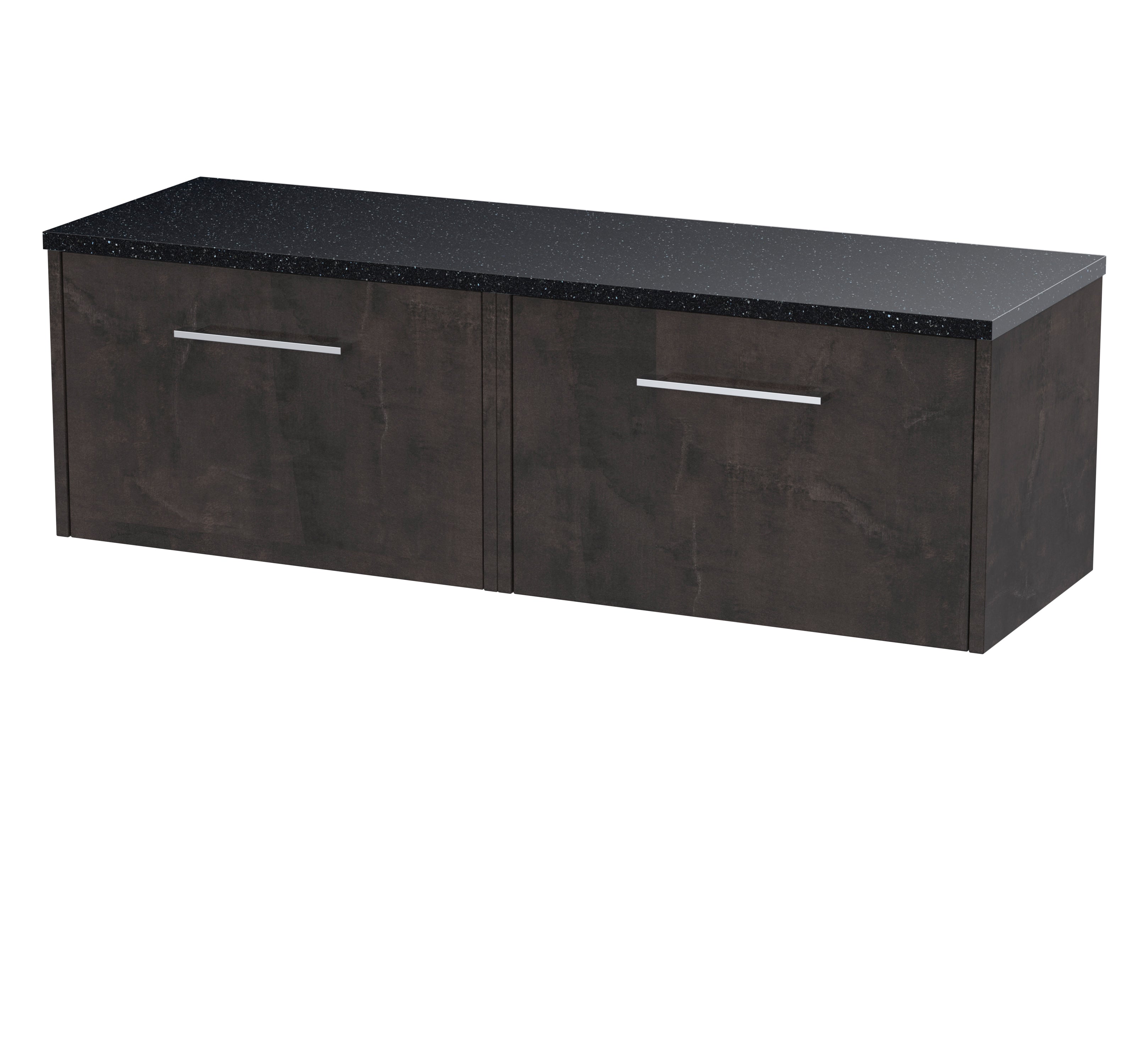 Contemporary black bathroom storage cabinet with sleek silver handles and a polished black countertop. Perfect for modern bathroom organisation and decoration.