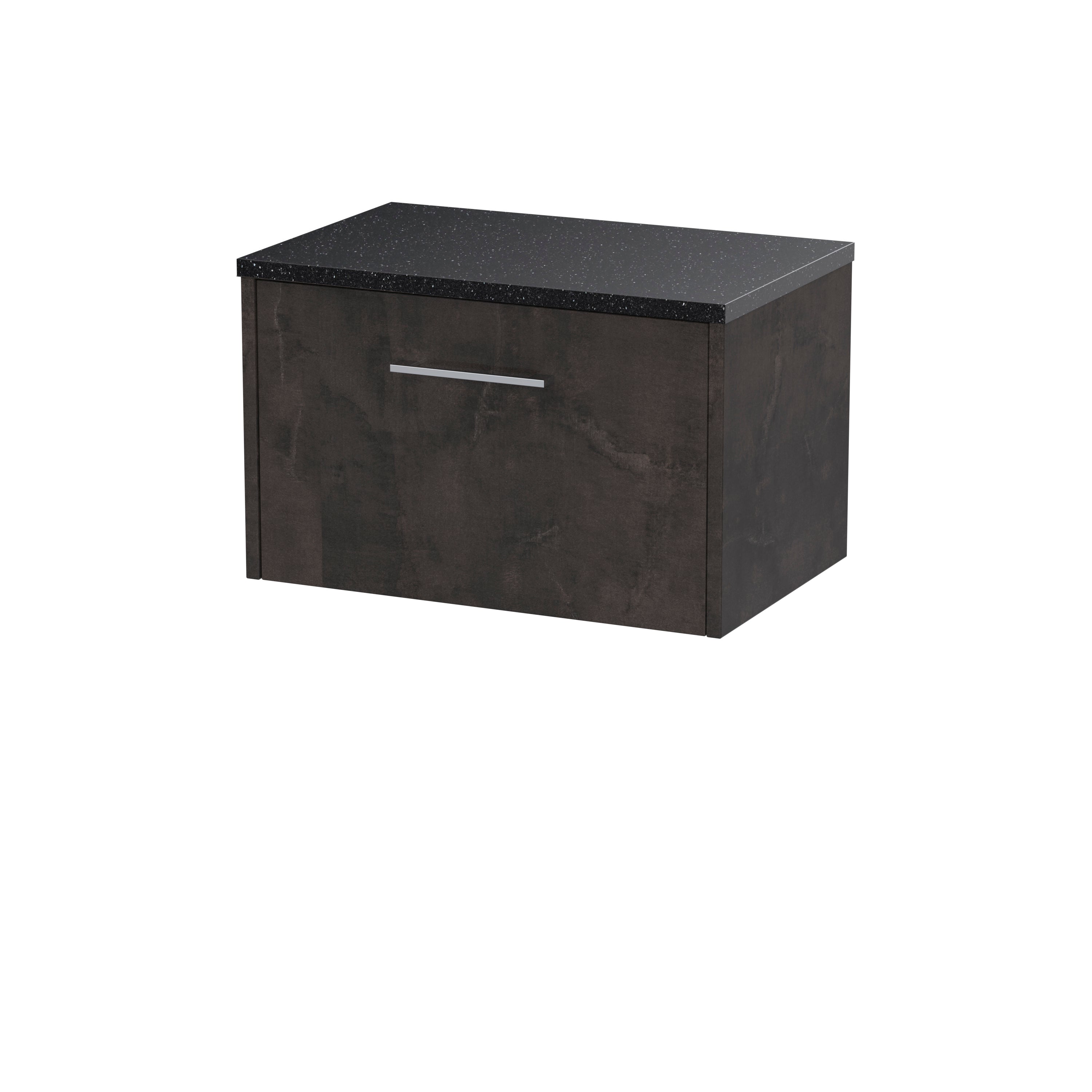 Contemporary bathroom vanity unit with dark wood finish and a black granite top, designed for stylish and functional bathroom storage solutions. Perfect for a modern bathroom decor.
