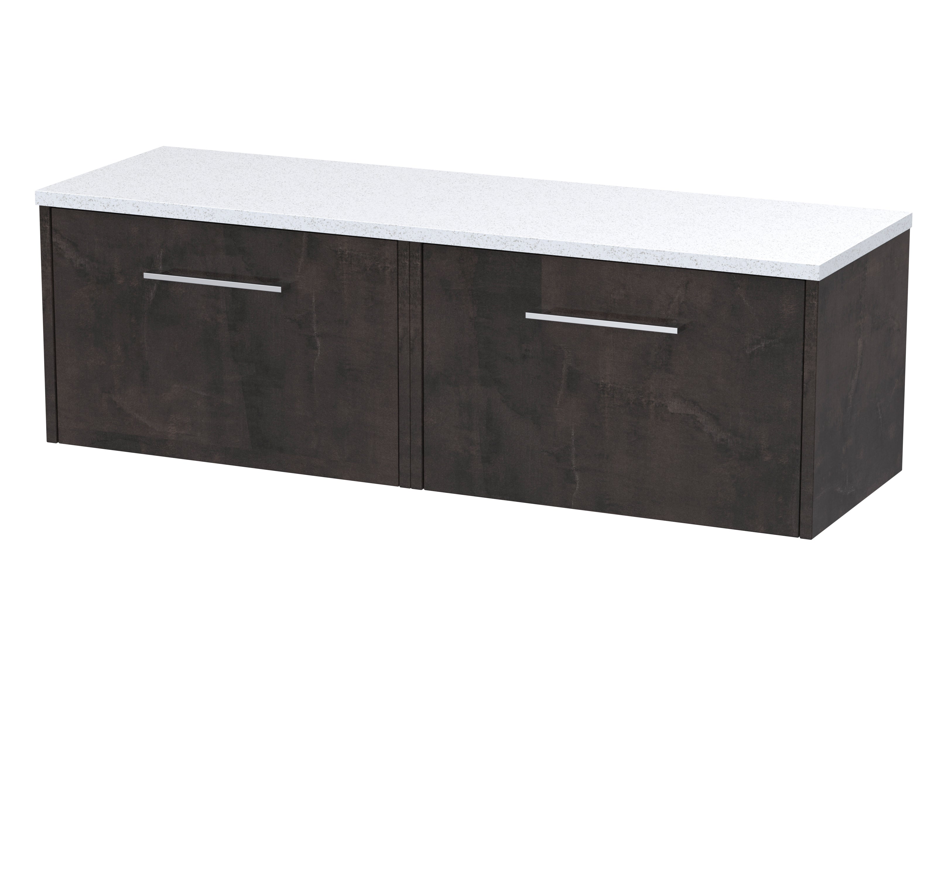Modern dark wood bathroom vanity with white quartz top for stylish bathroom storage and organisation.