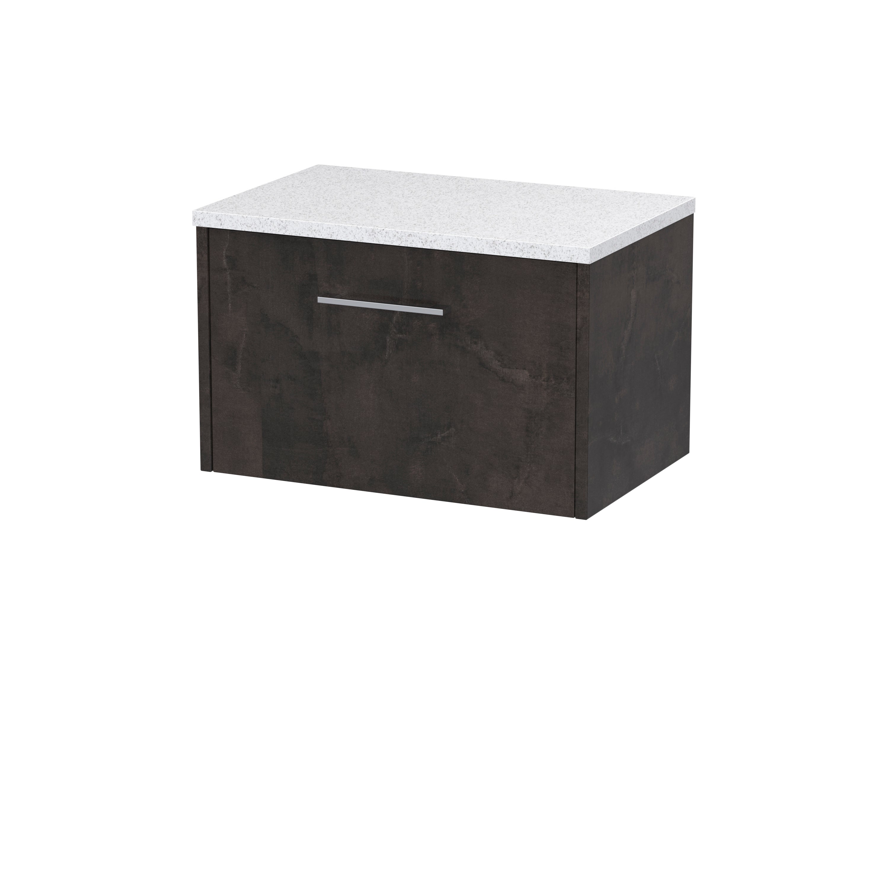 Contemporary bathroom vanity unit with dark wood finish and white speckled countertop, ideal for modern bathroom storage solutions.