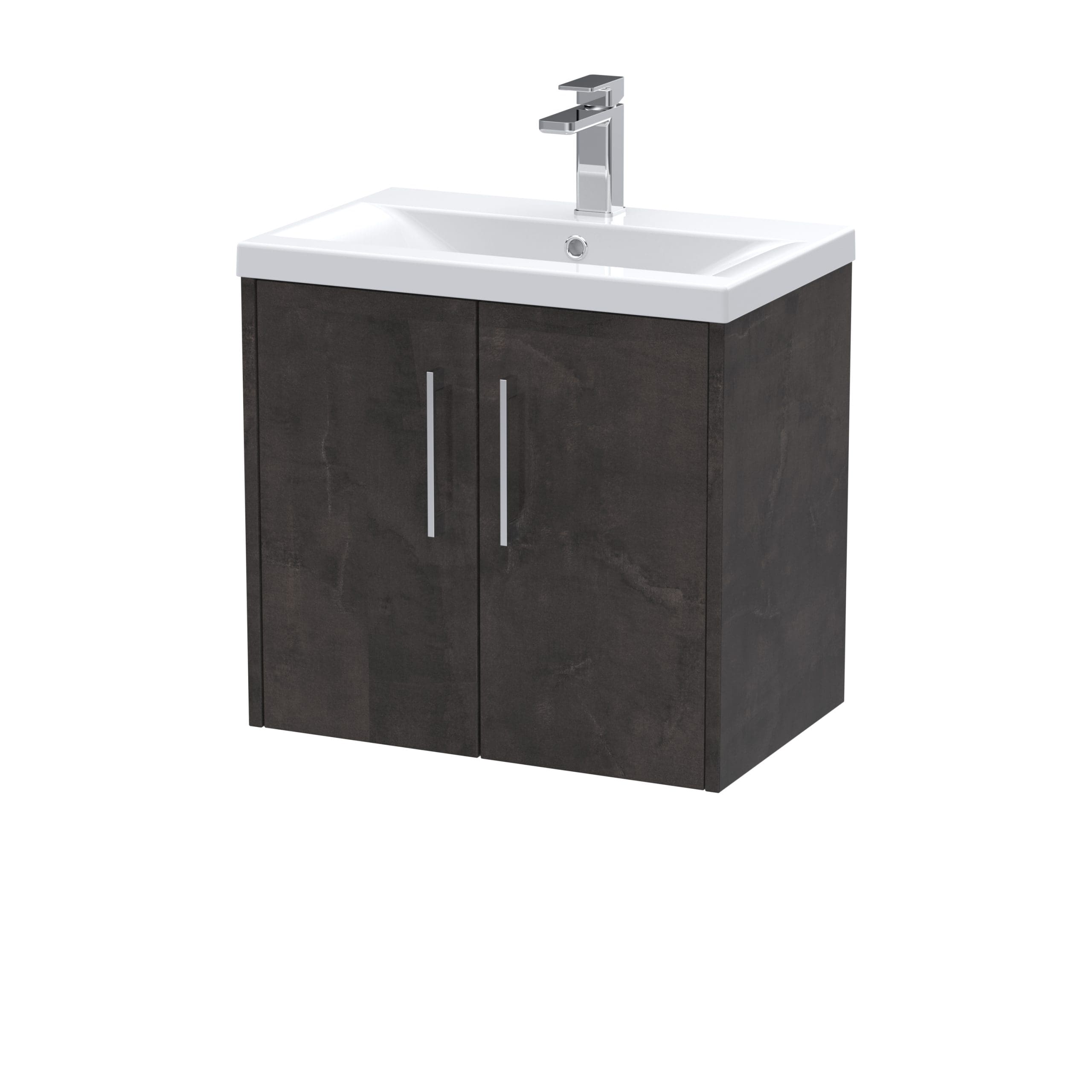 Modern bathroom vanity unit with a white ceramic sink, sleek chrome tap, and dark wooden cabinet, ideal for contemporary bathroom interiors.