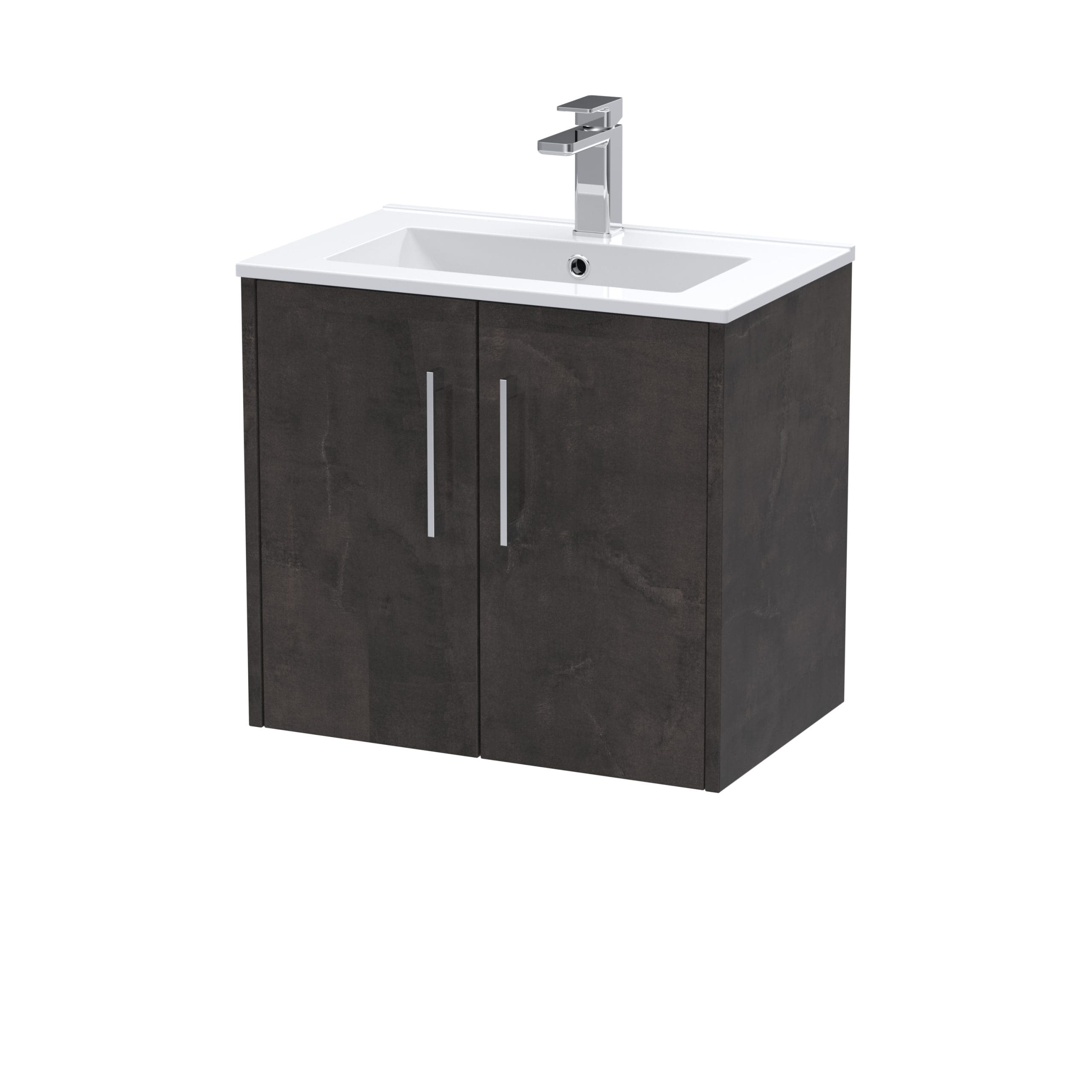 Modern bathroom vanity unit with a white ceramic sink, chrome tap, and dark wood finish cabinet for stylish bathroom storage and organisation.