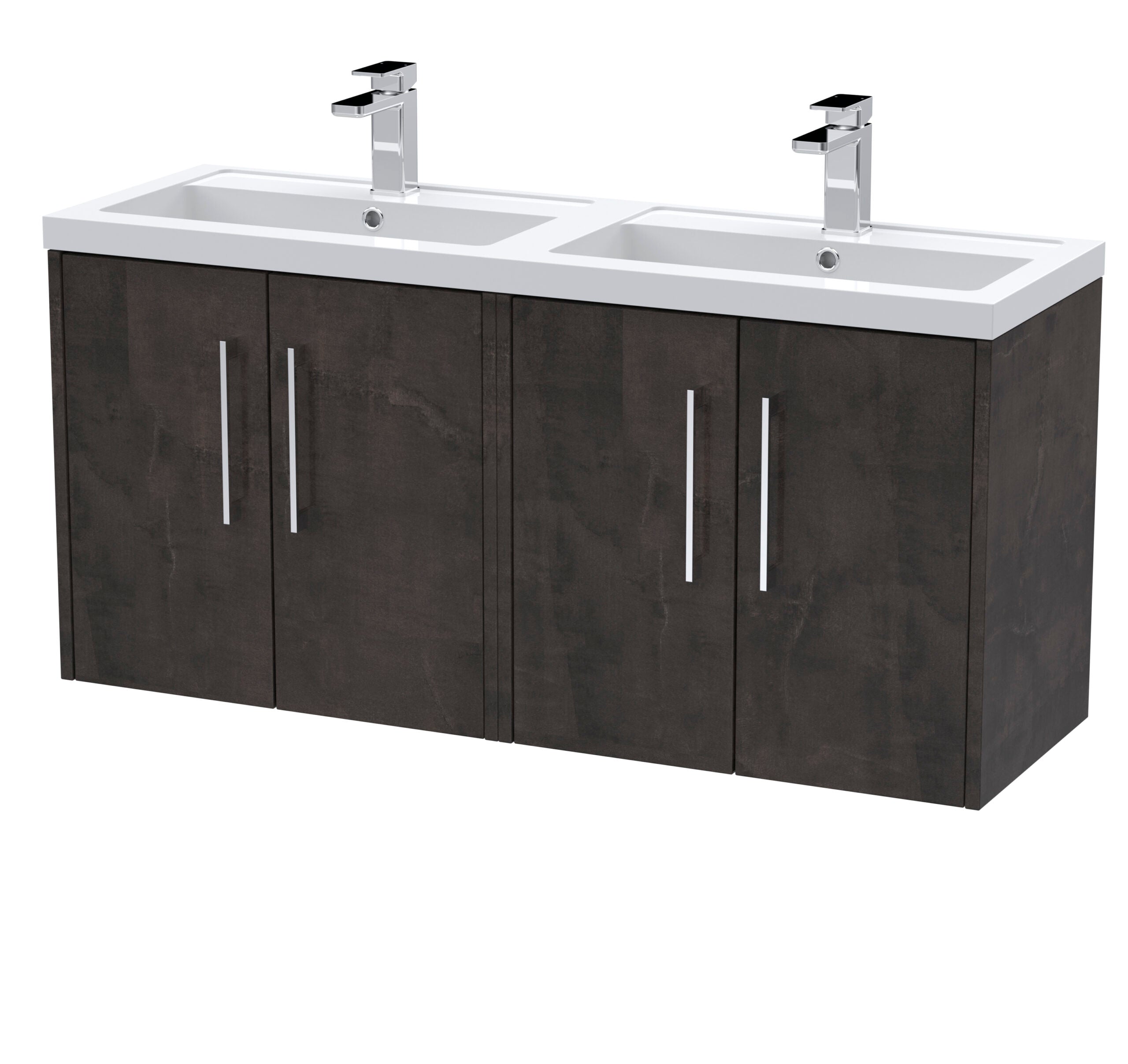 Stylish double sink bathroom vanity with dark wood cabinet and modern chrome taps, perfect for contemporary bathroom designs and plumbing installation.