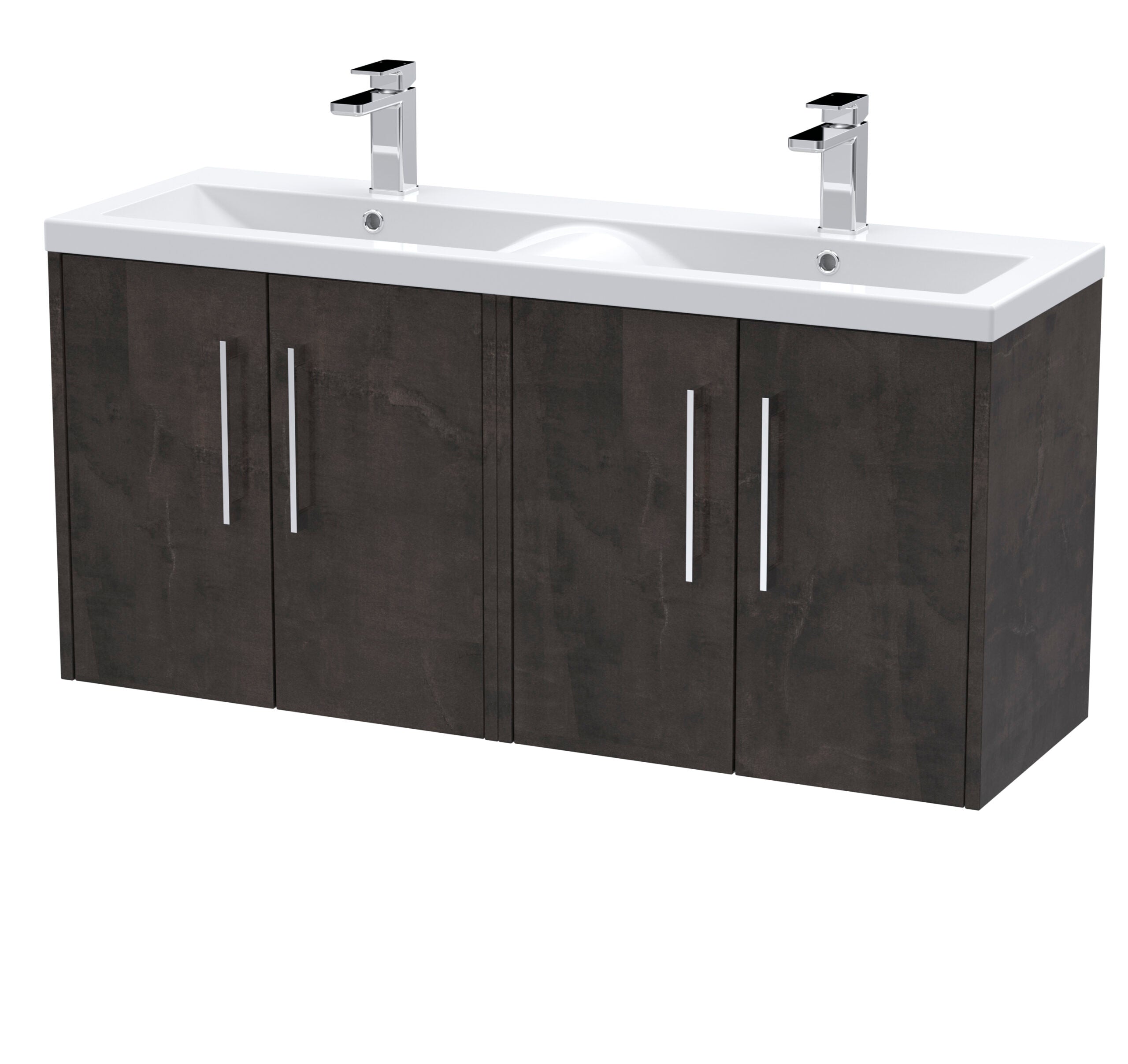 Sleek double sink bathroom vanity with modern chrome taps and dark wood finish, ideal for contemporary bathrooms. Perfect for stylish bathroom renovations and storage solutions.