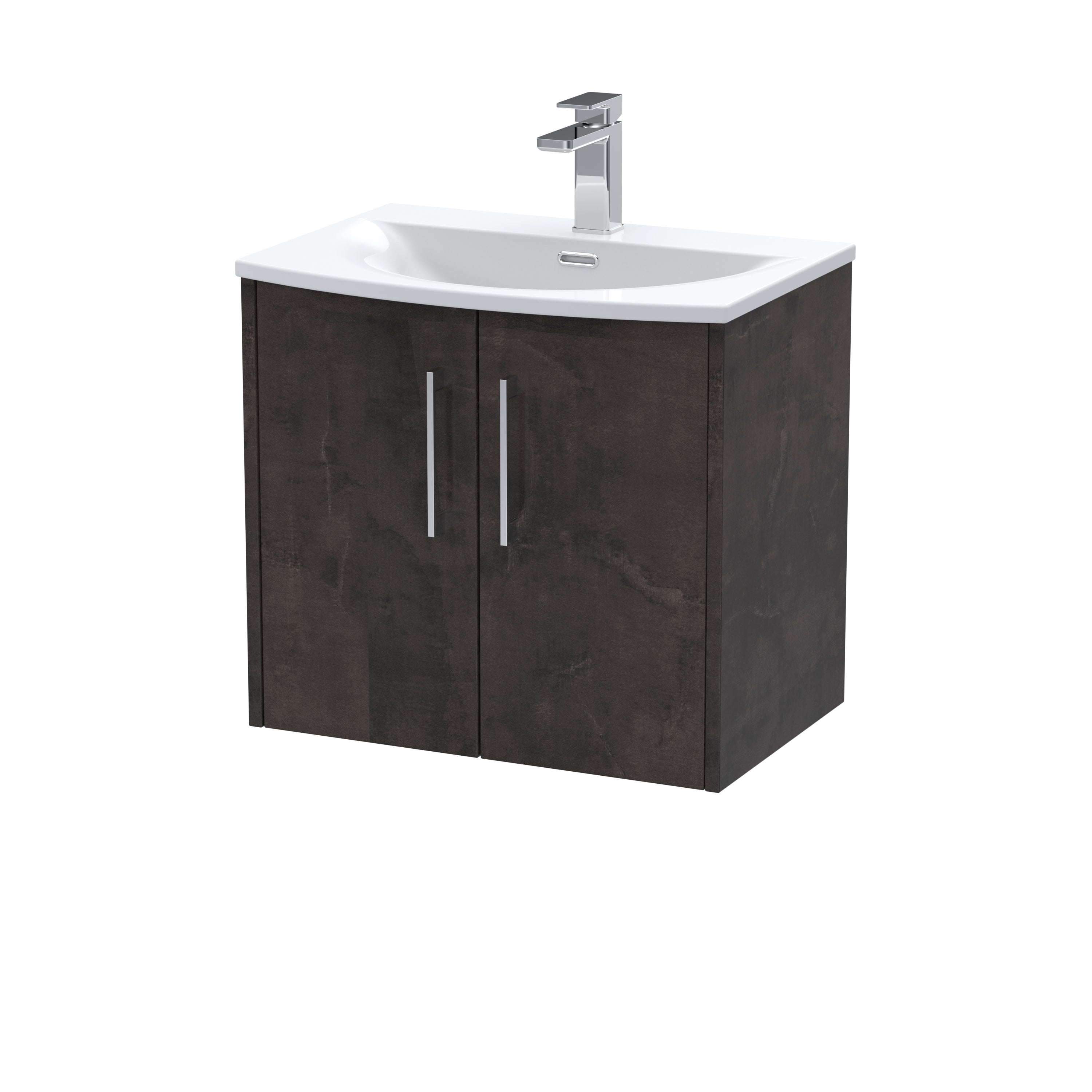 Modern bathroom vanity with dark wood finish and white ceramic sink, featuring sleek silver handles and a contemporary chrome faucet for stylish bathroom storage and aesthetics.