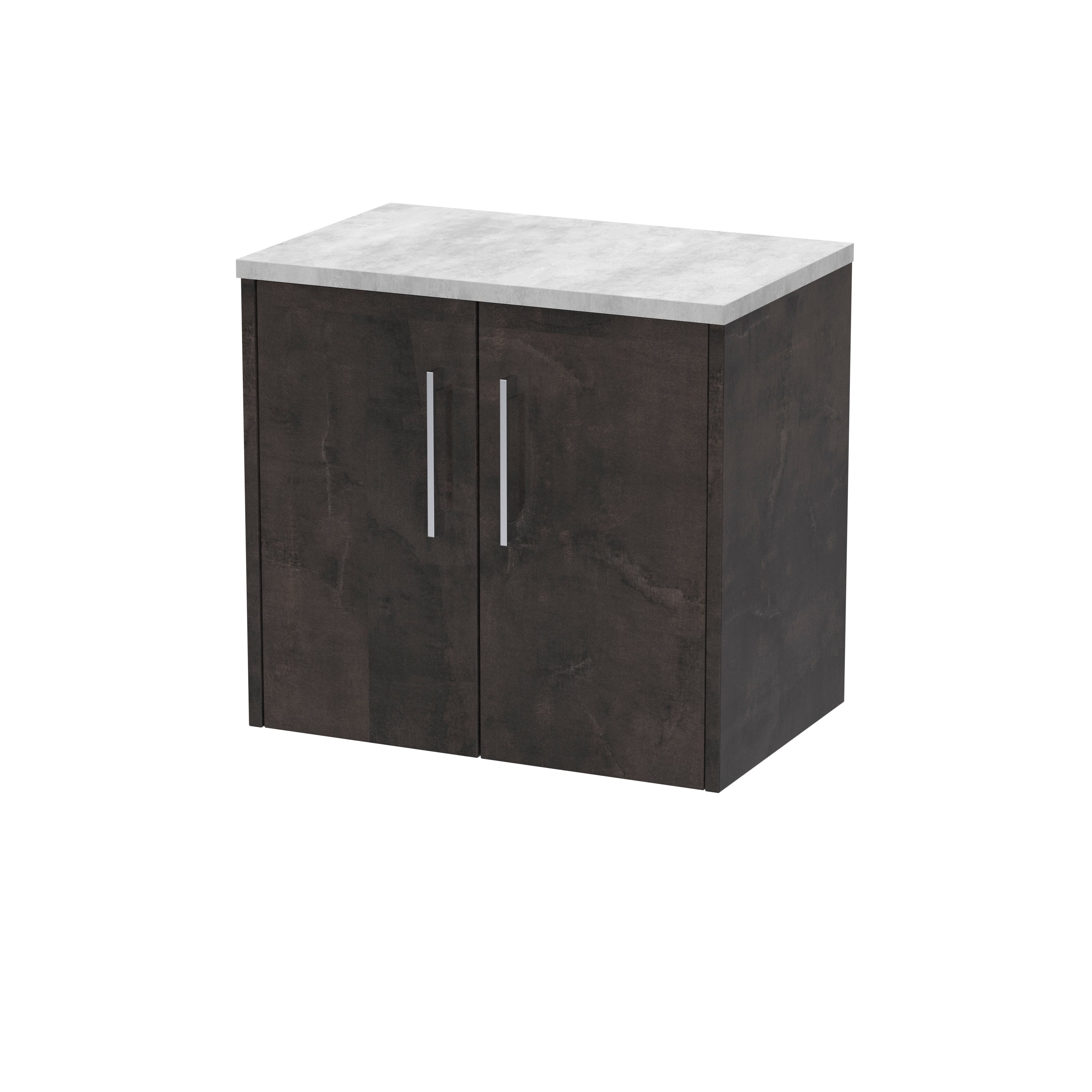 Sleek dark wooden bathroom cabinet with a white marble top, ideal for modern bathrooms and storage solutions.