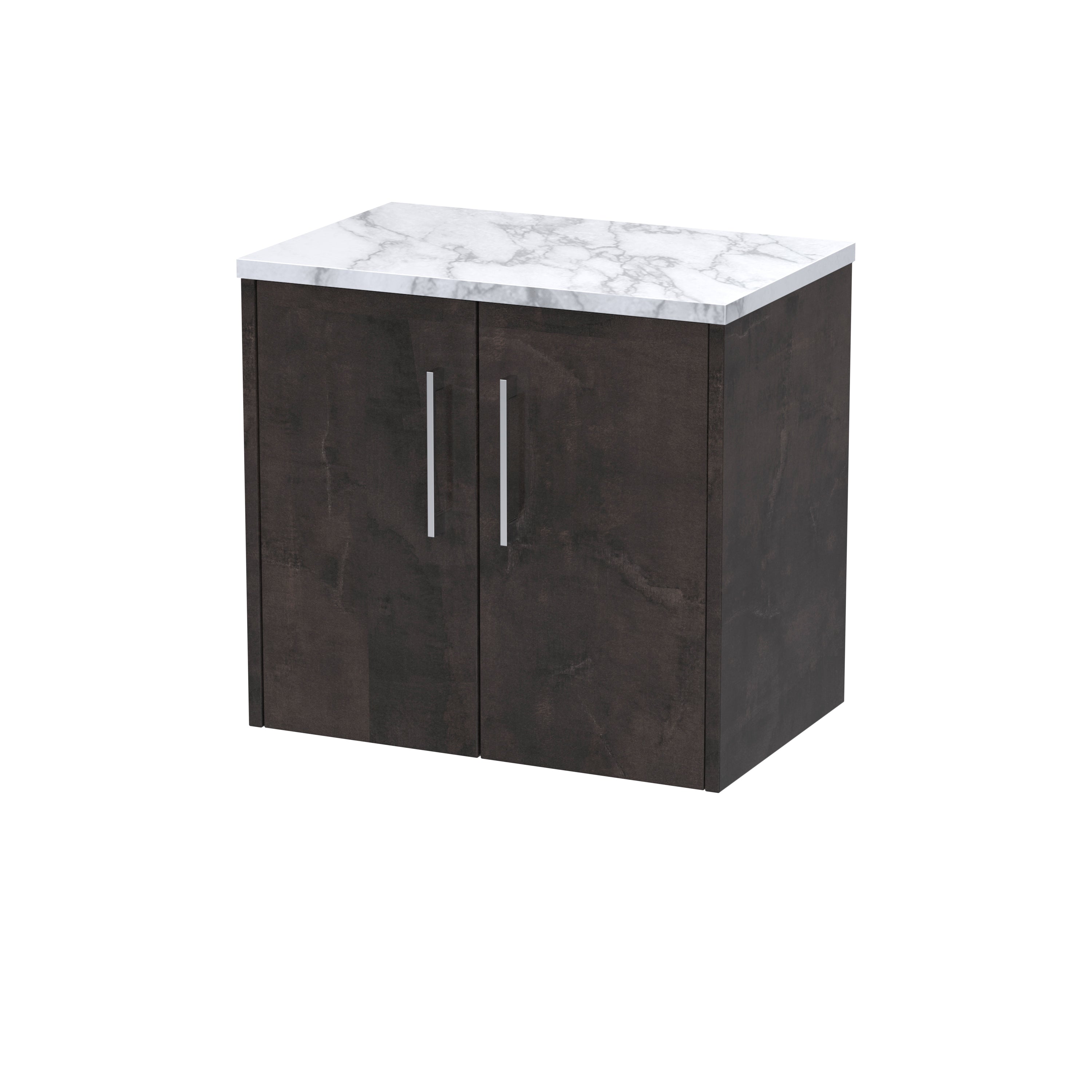 Sleek dark wood bathroom cabinet with a white marble top, perfect for modern bathroom storage solutions. Durable and stylish, ideal for organising toiletries and bathroom essentials.