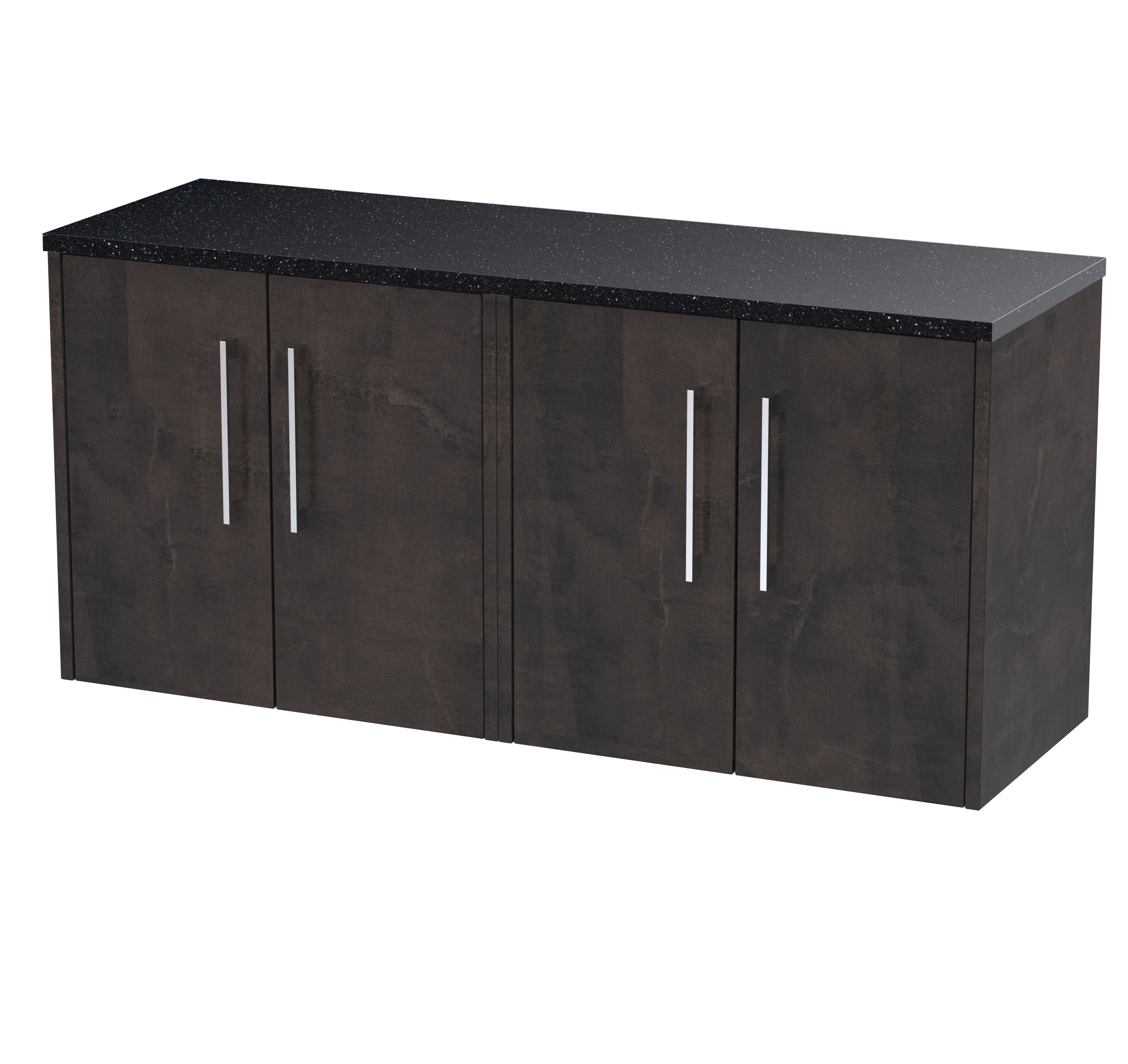 Sleek dark wooden bathroom storage unit with black speckled countertop, modern silver handles, ideal for contemporary bathroom design.