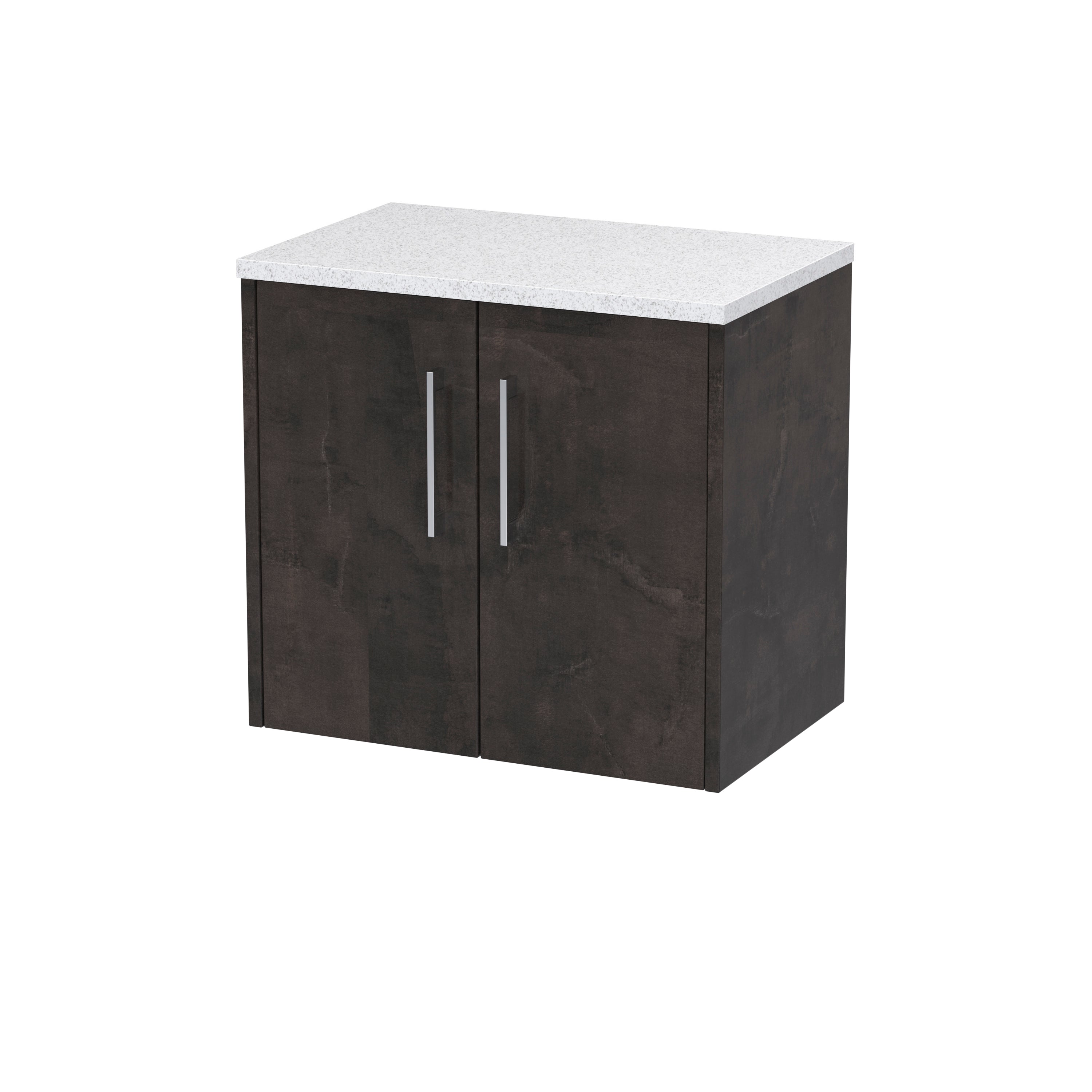 Modern dark wood bathroom cabinet with a white speckled quartz countertop and silver handles, ideal for stylish bathroom storage solutions.