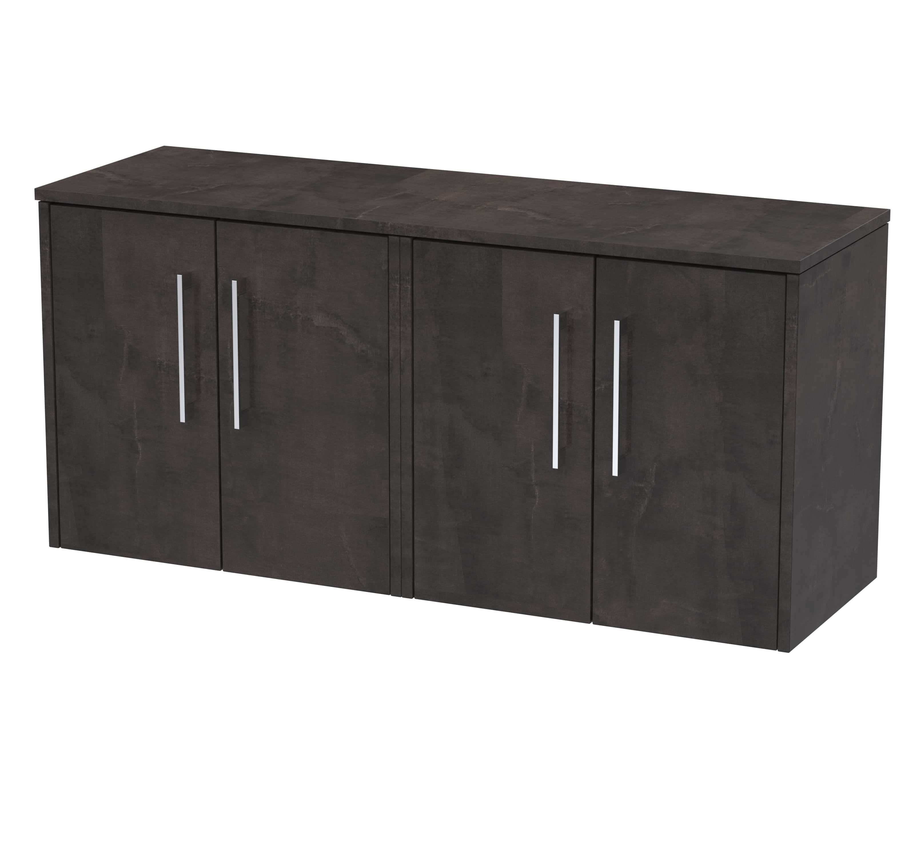 Sleek modern bathroom cabinet in dark wood finish with silver handle pulls, ideal for stylish bathroom storage solutions.