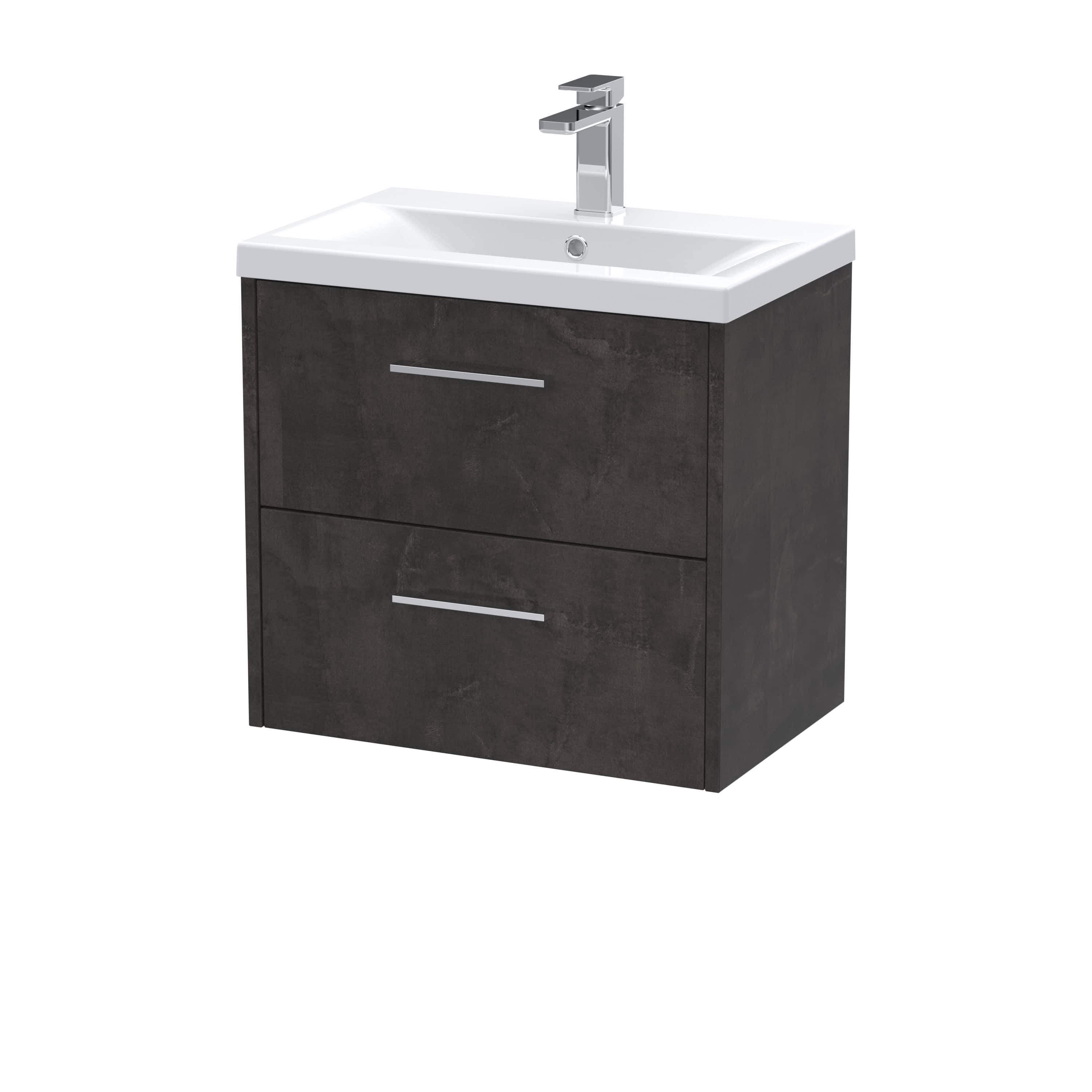 Modern bathroom vanity with dark wood finish and integrated sink, perfect for contemporary bathroom decor. Features sleek silver handles and a spacious storage cabinet.