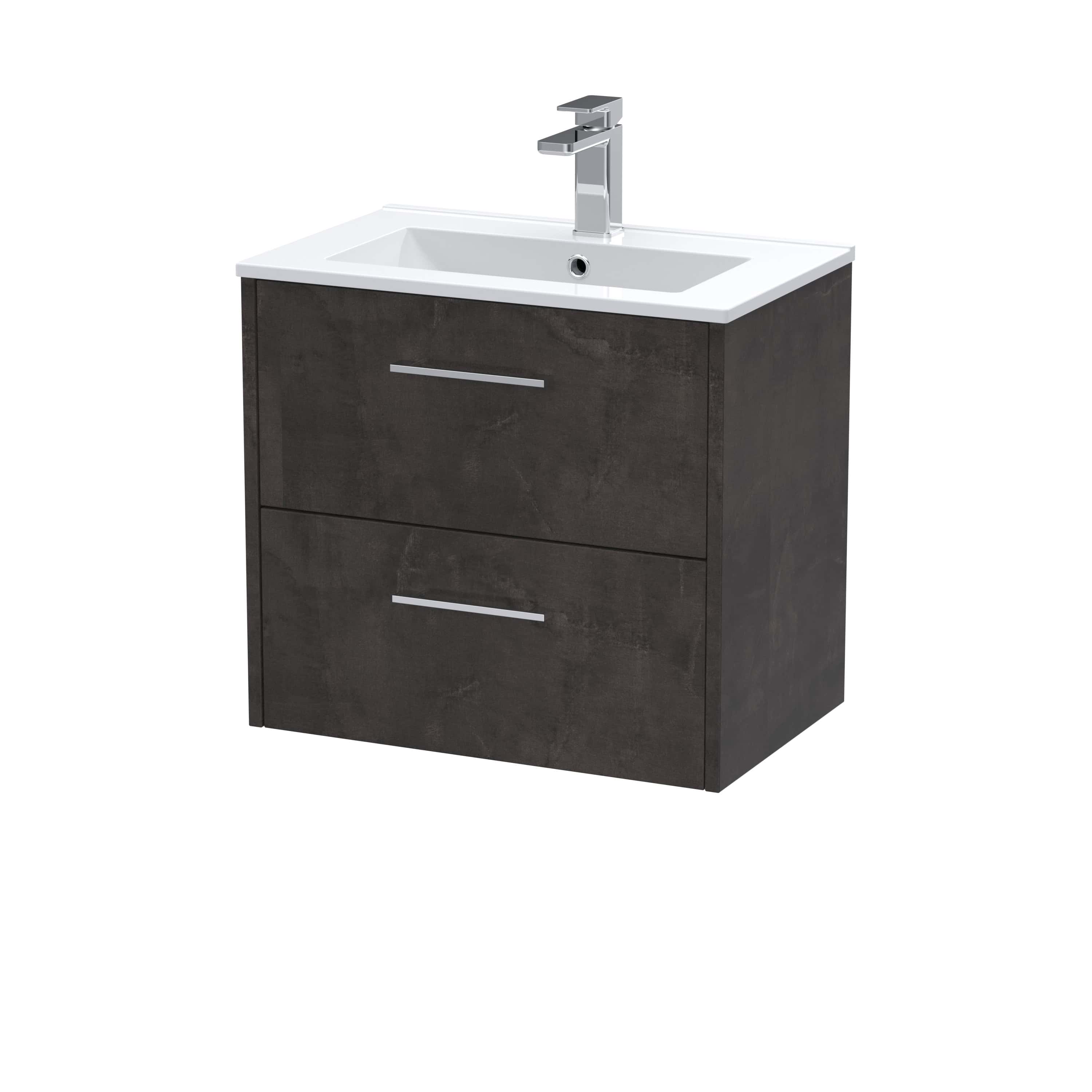 Modern bathroom vanity unit with integrated sink, dark wood-finish drawers, and sleek silver handles, ideal for contemporary bathroom interiors.